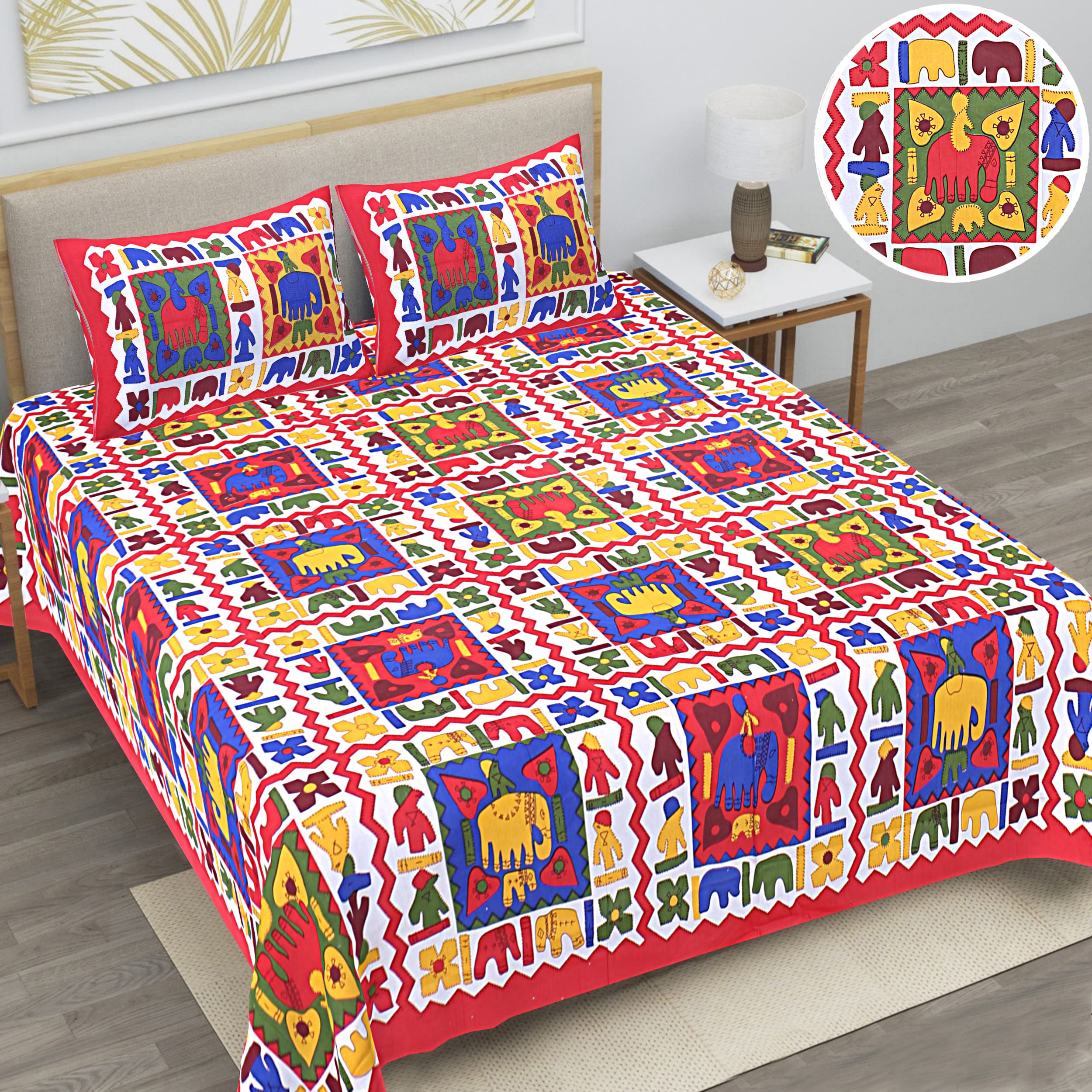 Eco Cotton Double Bedsheet with Traditional Block Tile Print – 90x100 Inches + 2 Pillow Covers