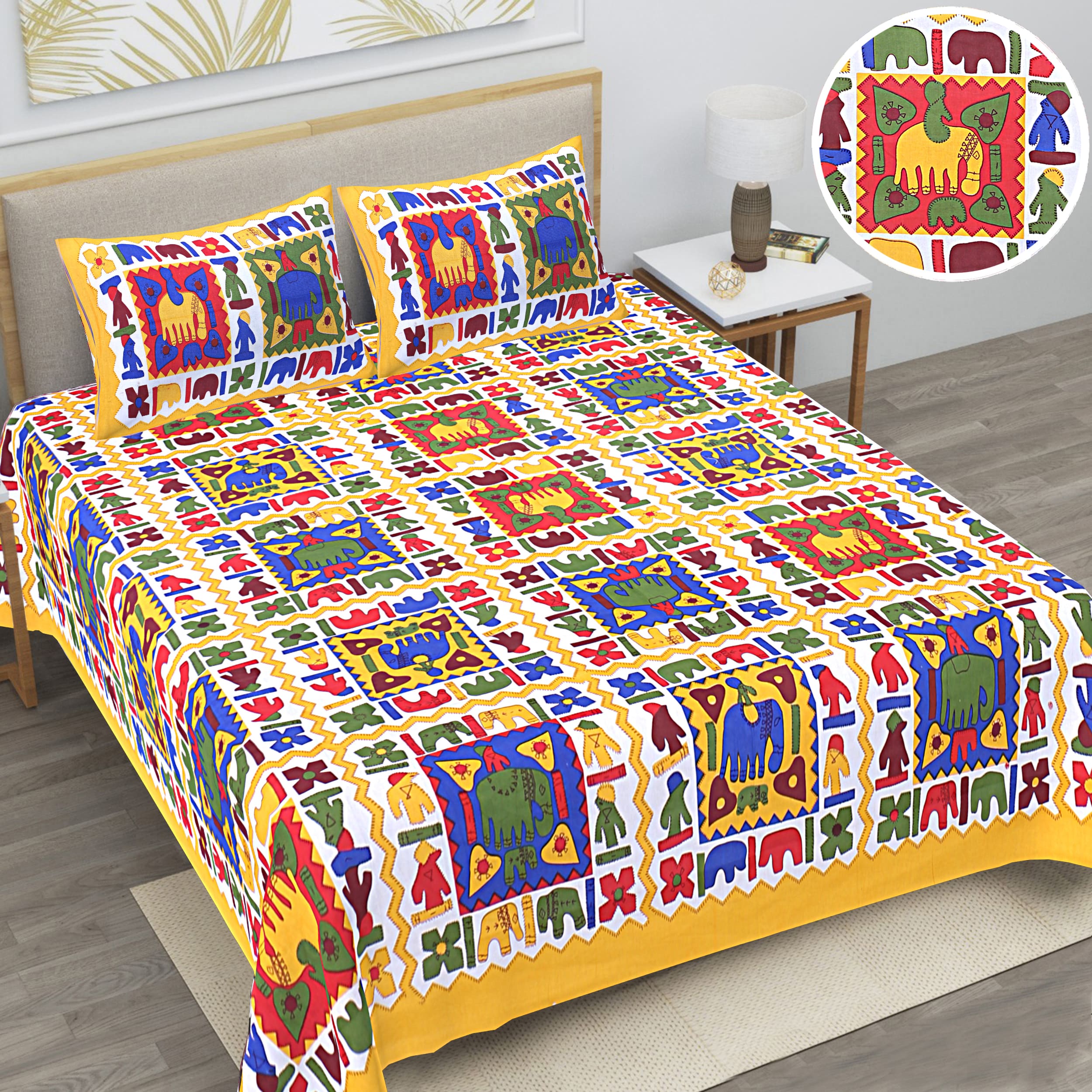 Eco Cotton Double Bedsheet with Traditional Block Tile Print – 90x100 Inches + 2 Pillow Covers