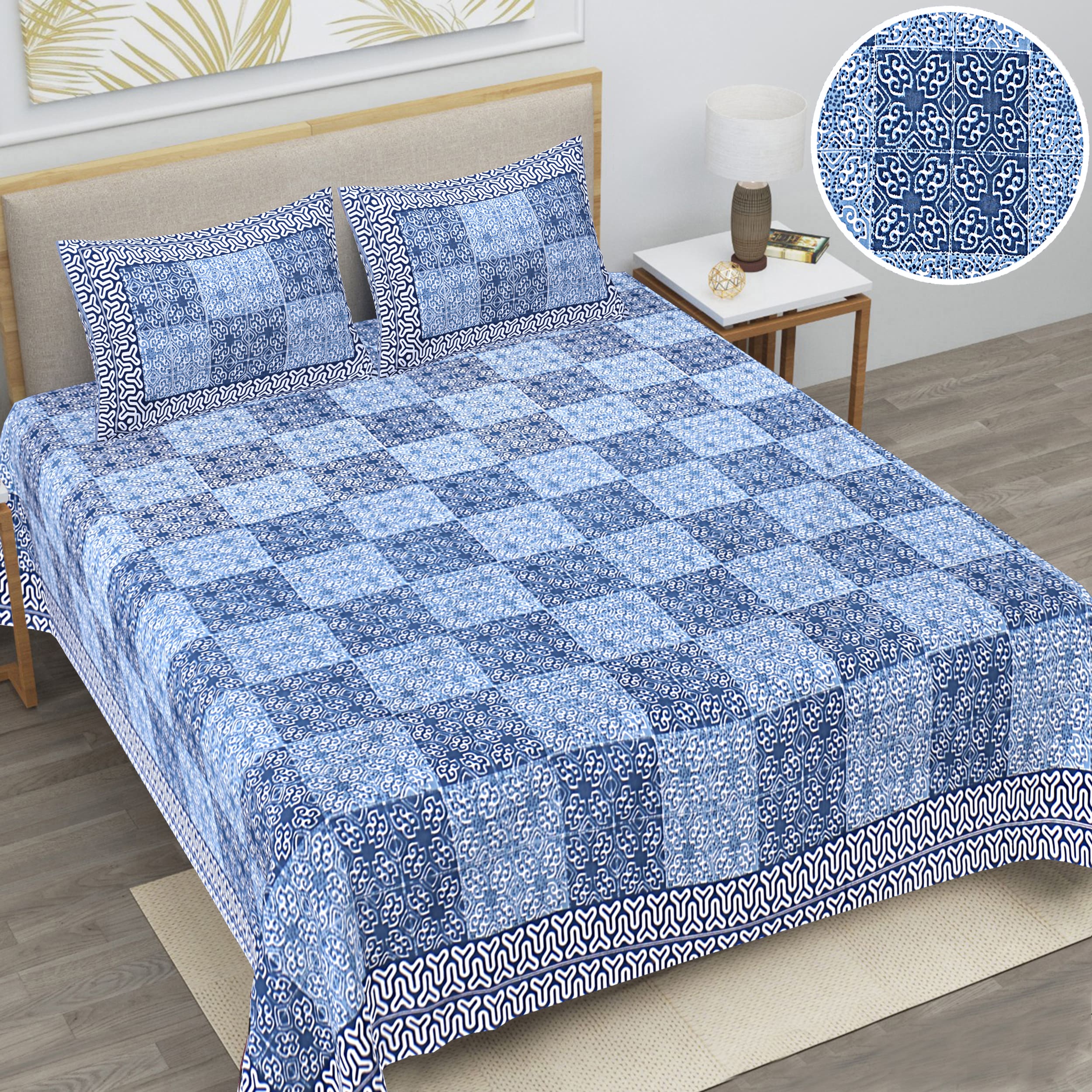 Eco Cotton Double Bedsheet with Geometric Tile Print – 90x100 Inches + 2 Pillow Covers