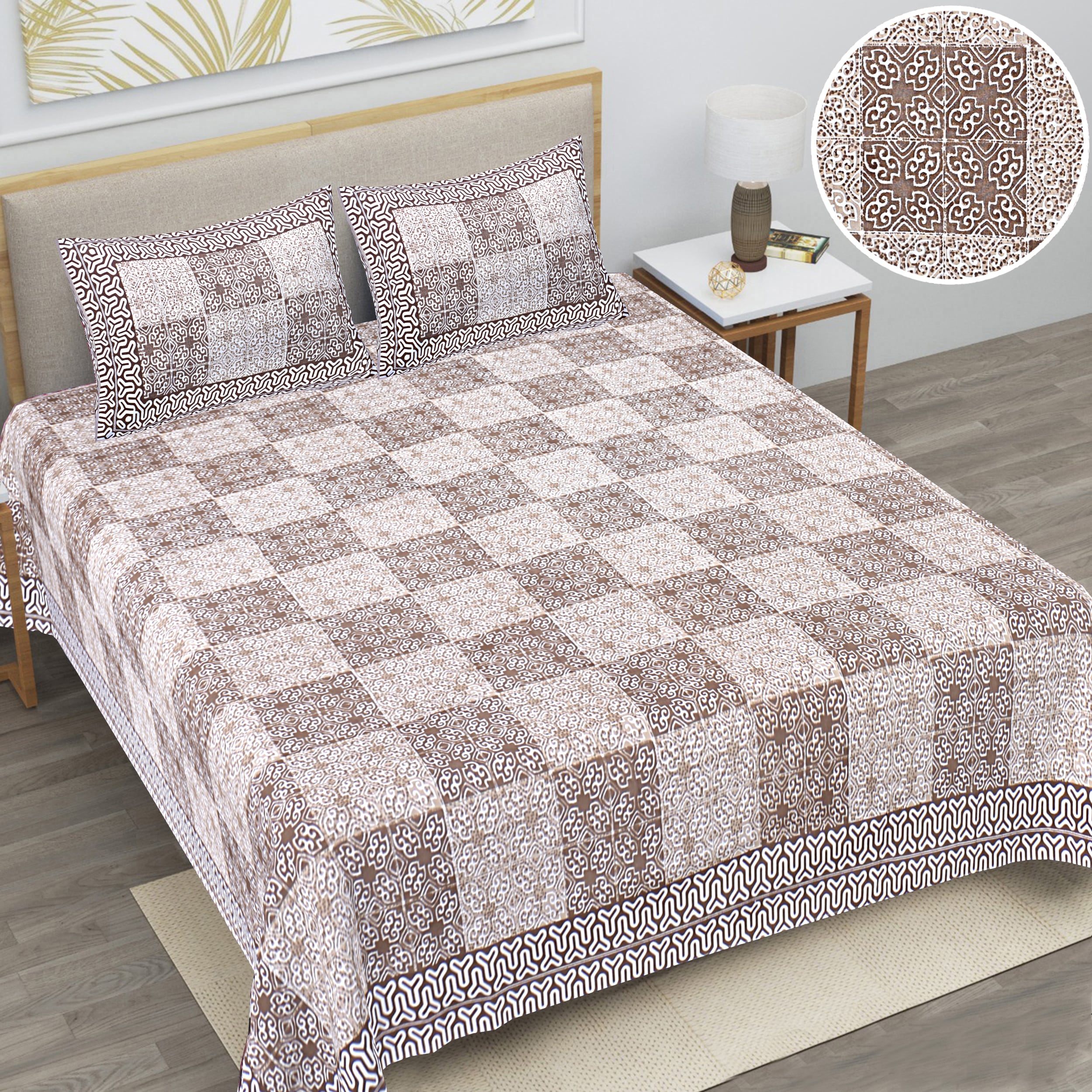 Eco Cotton Double Bedsheet with Geometric Tile Print – 90x100 Inches + 2 Pillow Covers