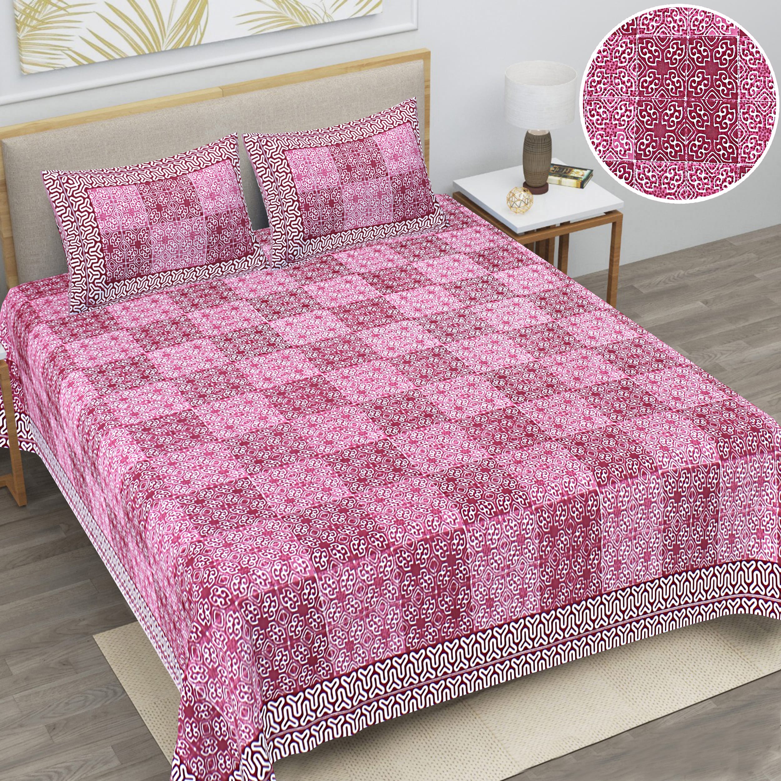 Eco Cotton Double Bedsheet with Geometric Tile Print – 90x100 Inches + 2 Pillow Covers