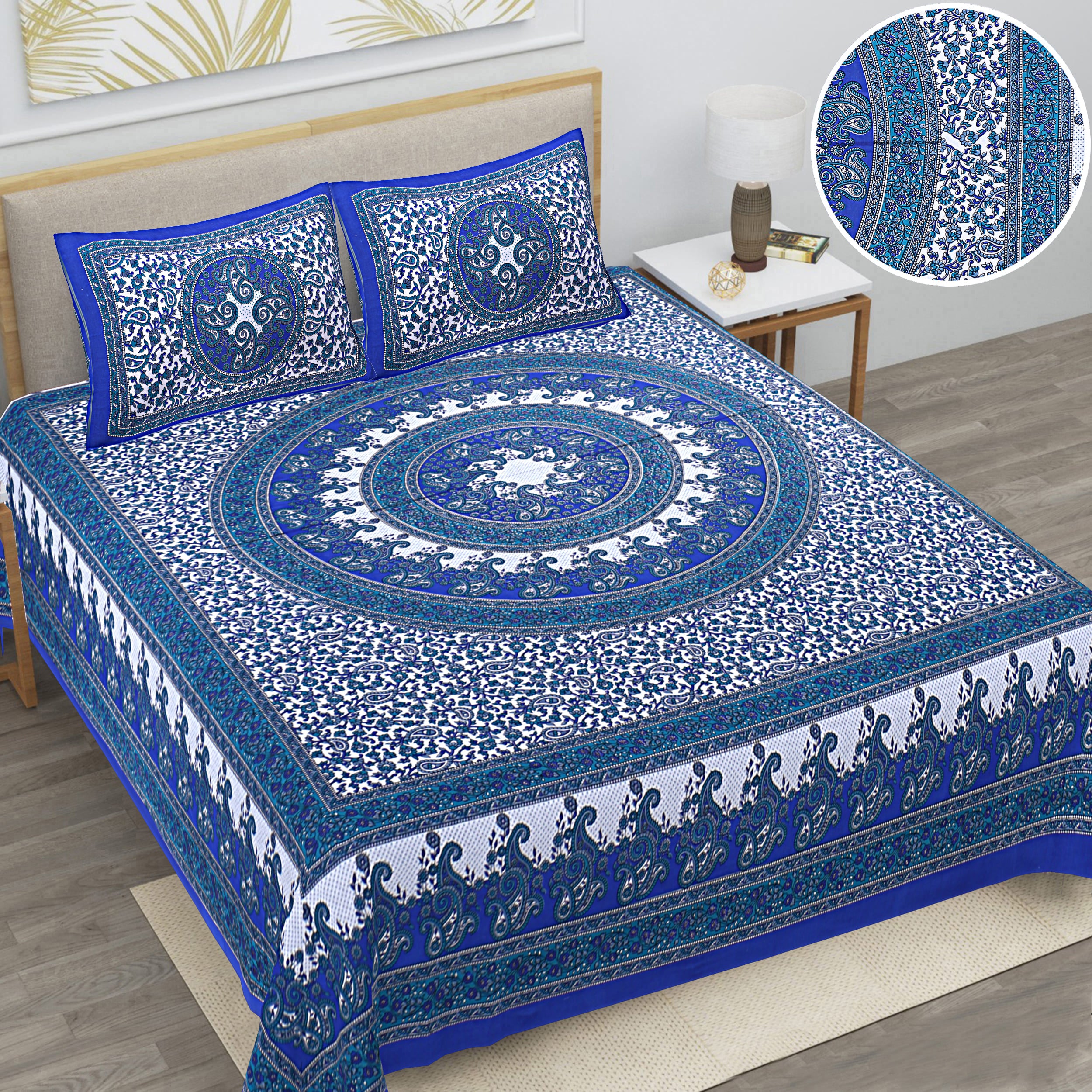 Eco Cotton Double Bedsheet with Ethnic Mandala & Floral Motif – 90x100 Inches + 2 Pillow Covers