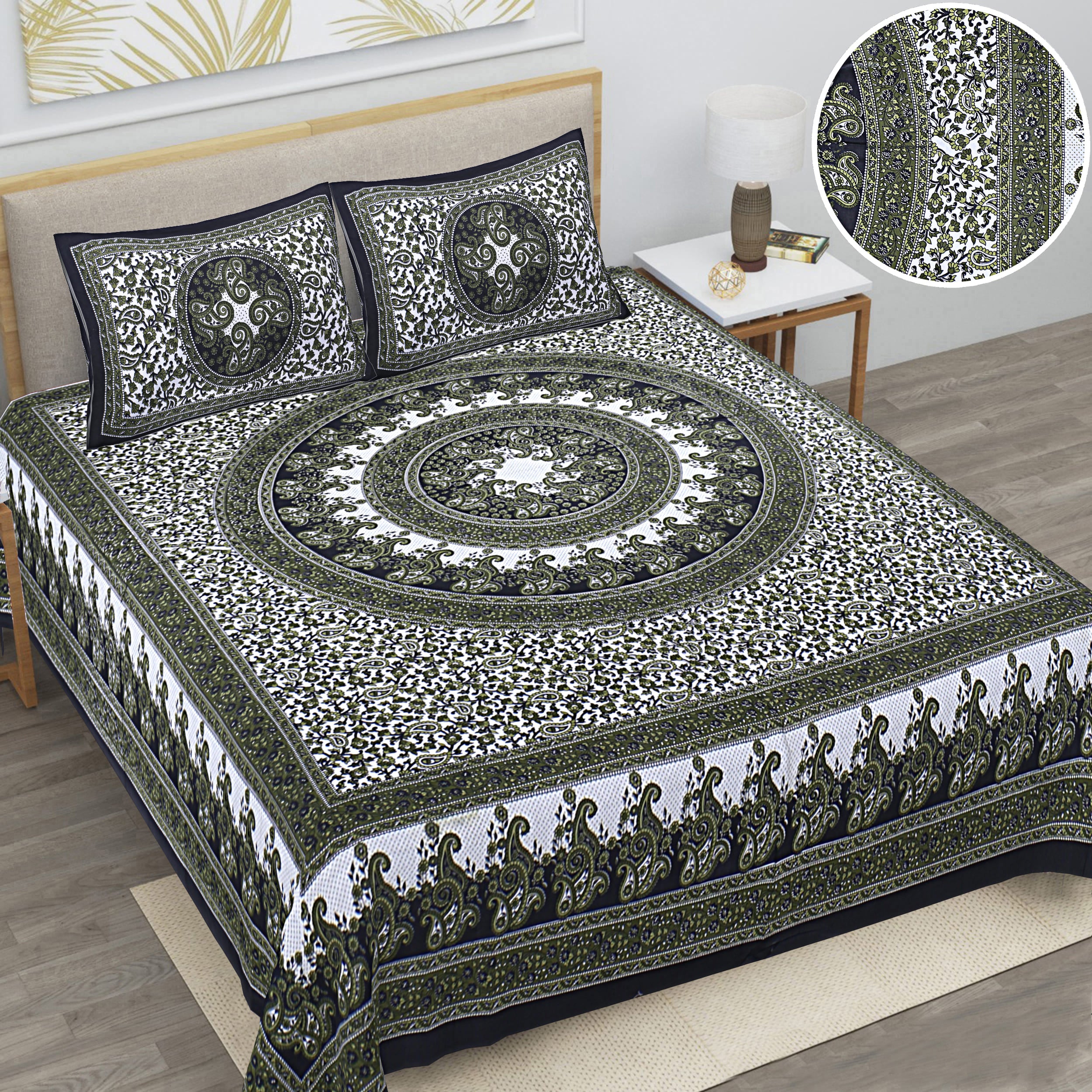 Eco Cotton Double Bedsheet with Ethnic Mandala & Floral Motif – 90x100 Inches + 2 Pillow Covers