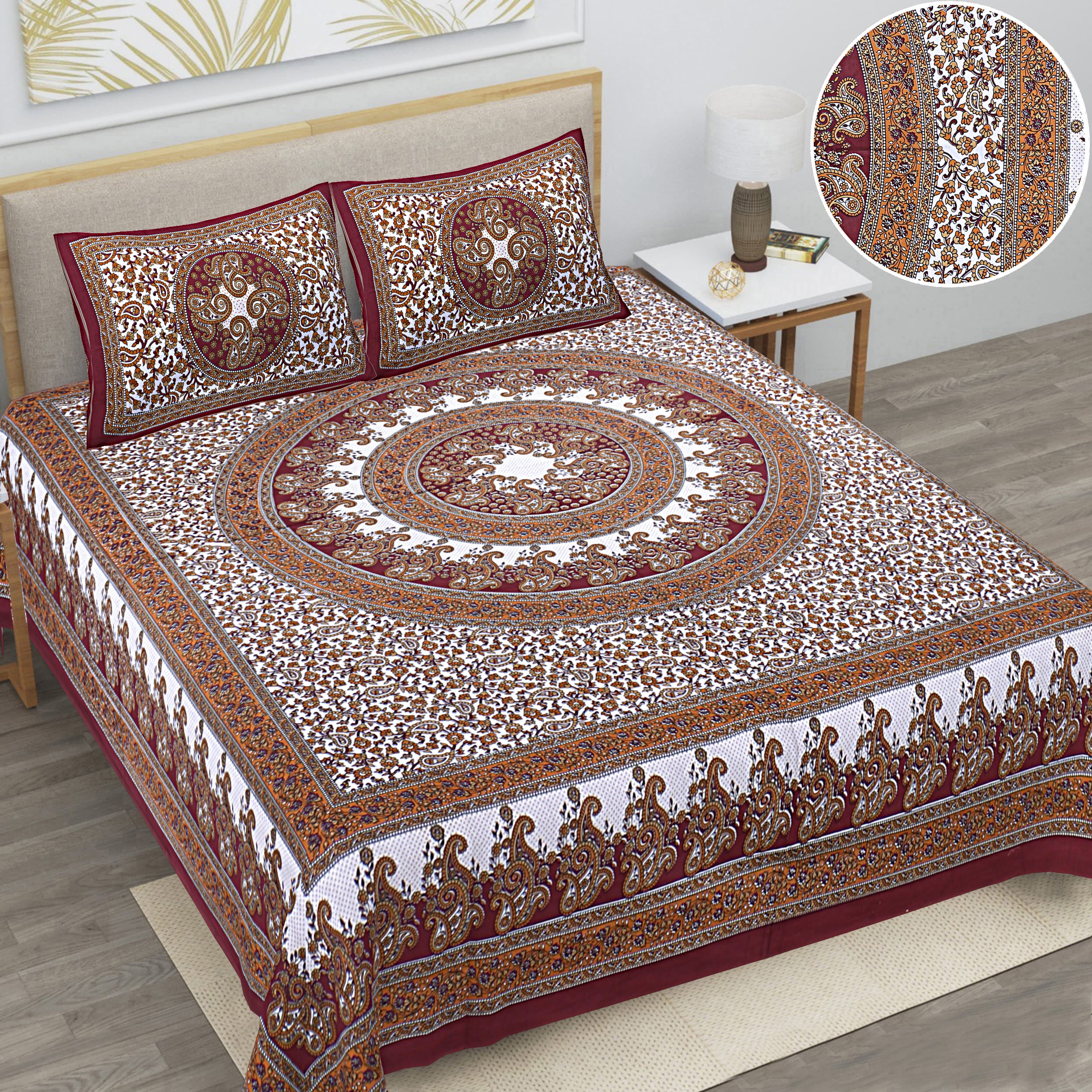Eco Cotton Double Bedsheet with Ethnic Mandala & Floral Motif – 90x100 Inches + 2 Pillow Covers