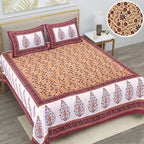 Eco Cotton Double Bedsheet with Mustard Floral Vine Print – 90x100 Inches + 2 Pillow Covers