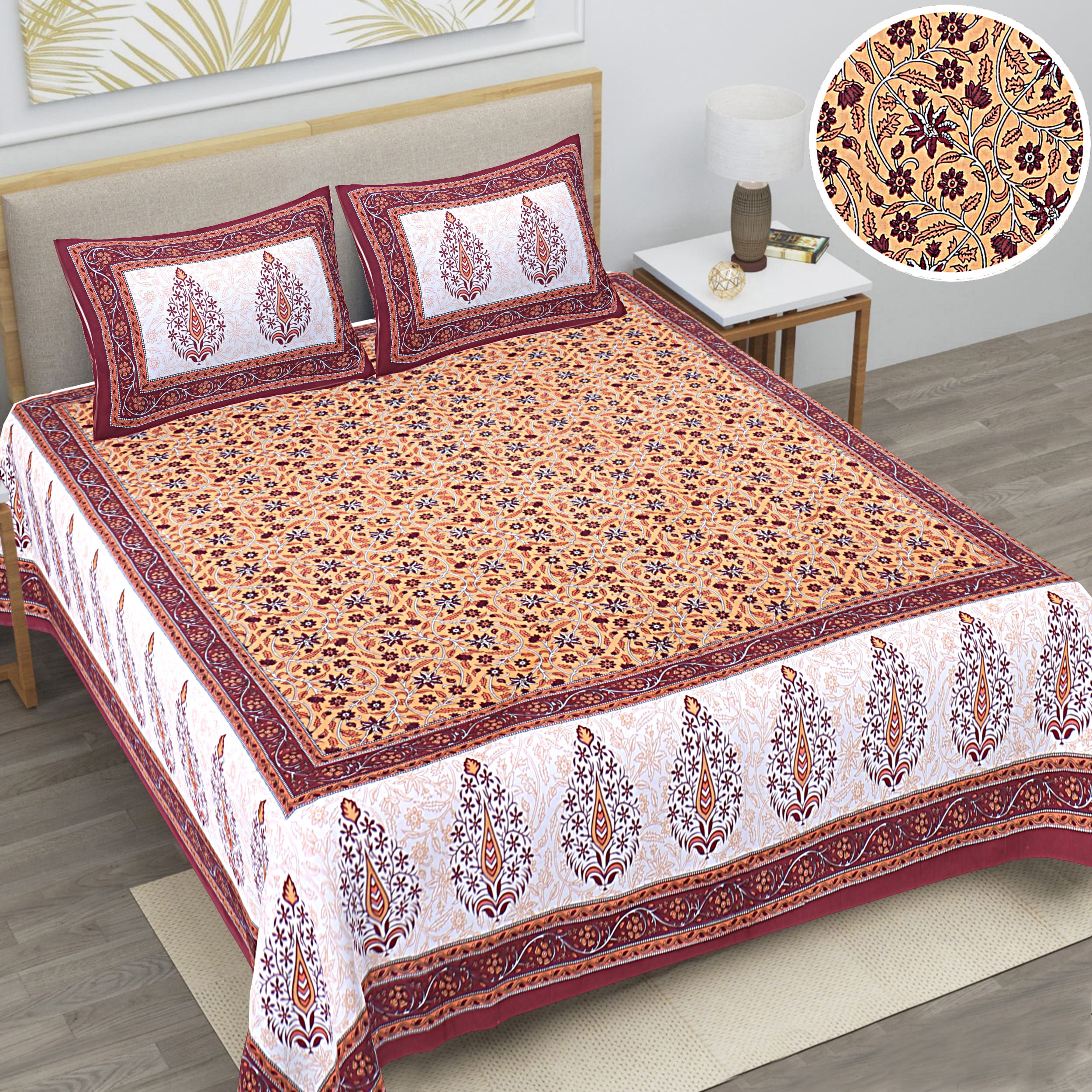 Eco Cotton Double Bedsheet with Mustard Floral Vine Print – 90x100 Inches + 2 Pillow Covers