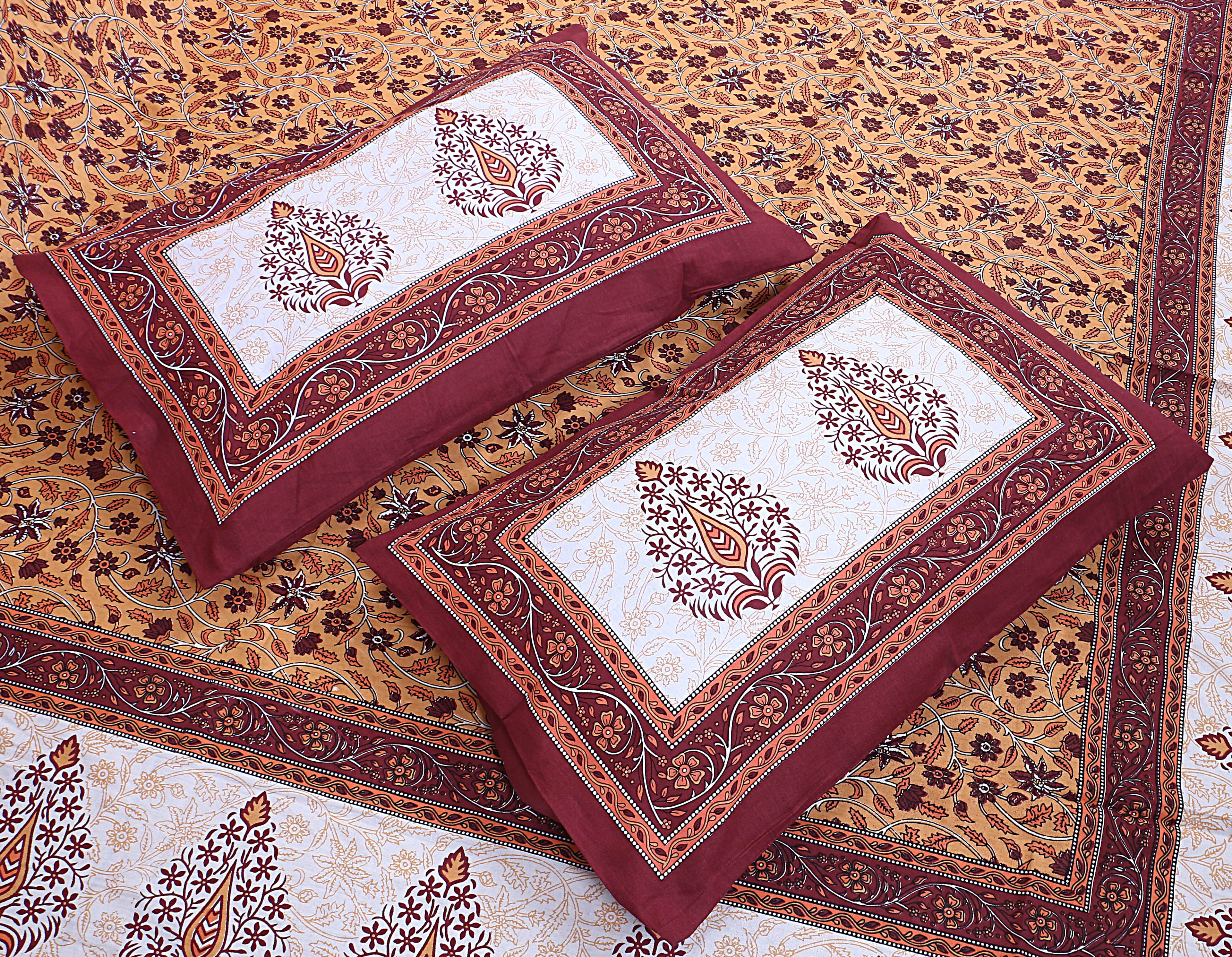 Eco Cotton Double Bedsheet with Mustard Floral Vine Print – 90x100 Inches + 2 Pillow Covers