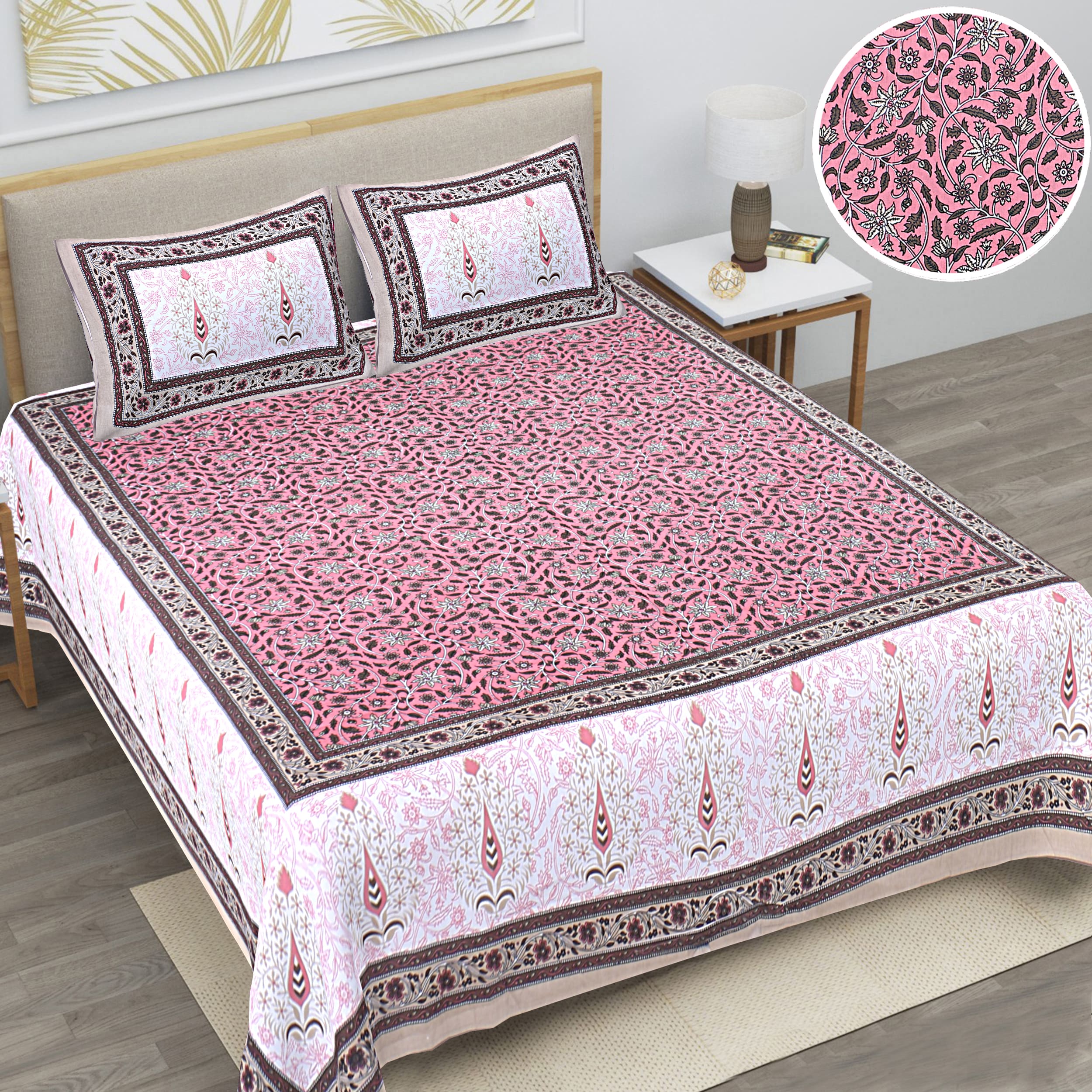 Eco Cotton Double Bedsheet with Mustard Floral Vine Print – 90x100 Inches + 2 Pillow Covers