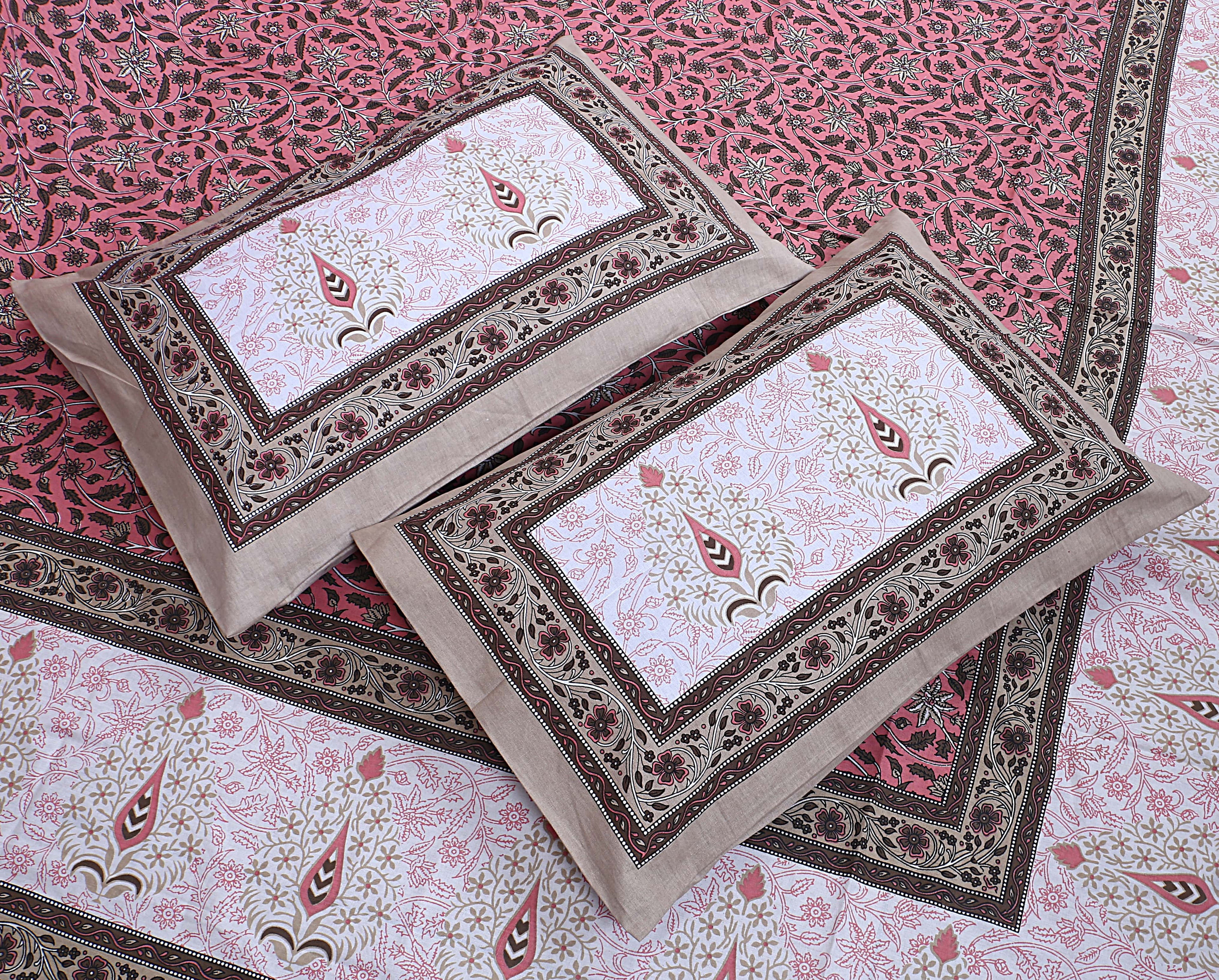 Eco Cotton Double Bedsheet with Mustard Floral Vine Print – 90x100 Inches + 2 Pillow Covers