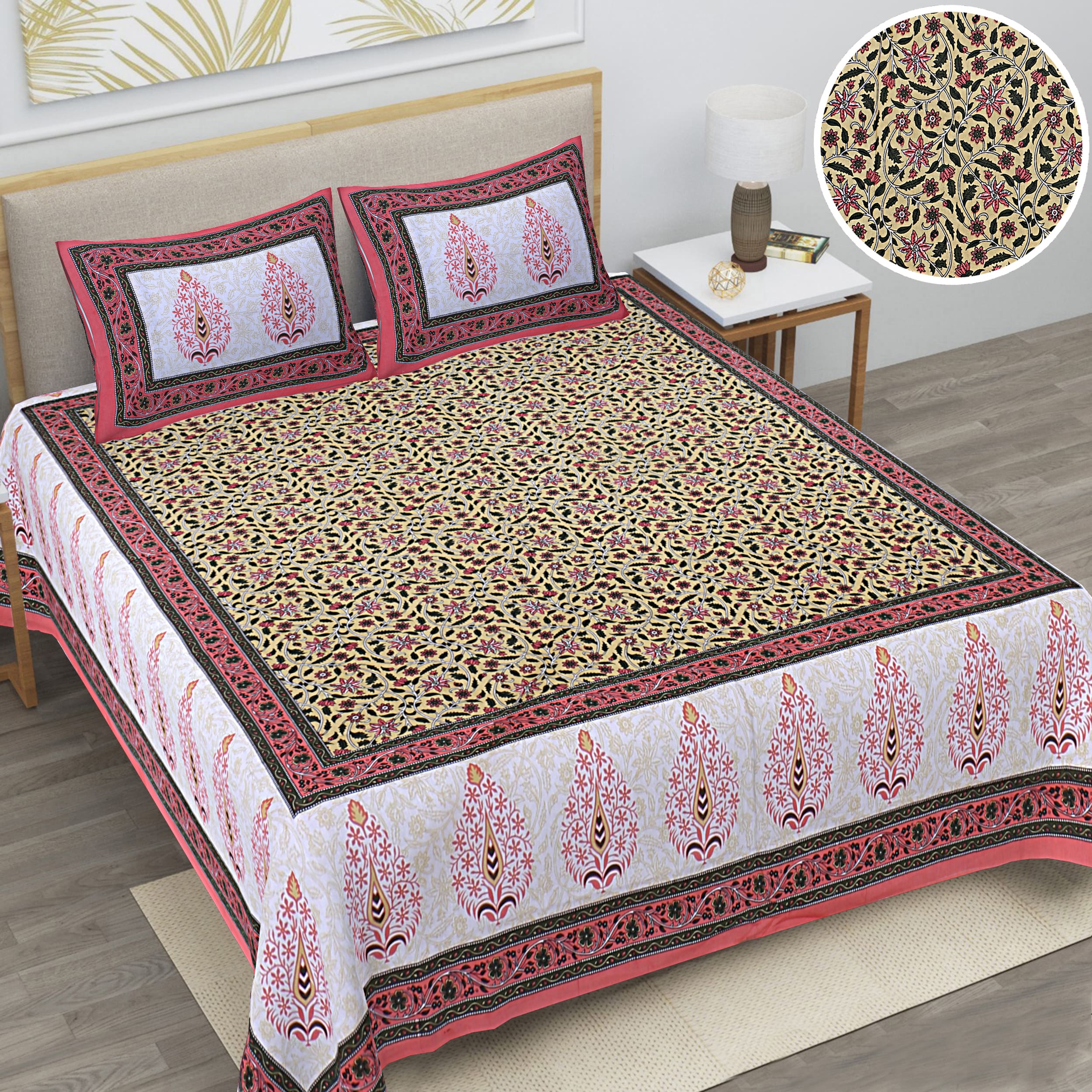 Eco Cotton Double Bedsheet with Mustard Floral Vine Print – 90x100 Inches + 2 Pillow Covers