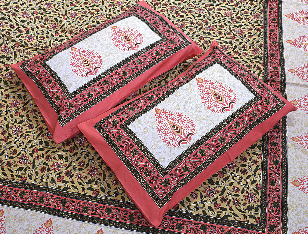 Eco Cotton Double Bedsheet with Mustard Floral Vine Print – 90x100 Inches + 2 Pillow Covers