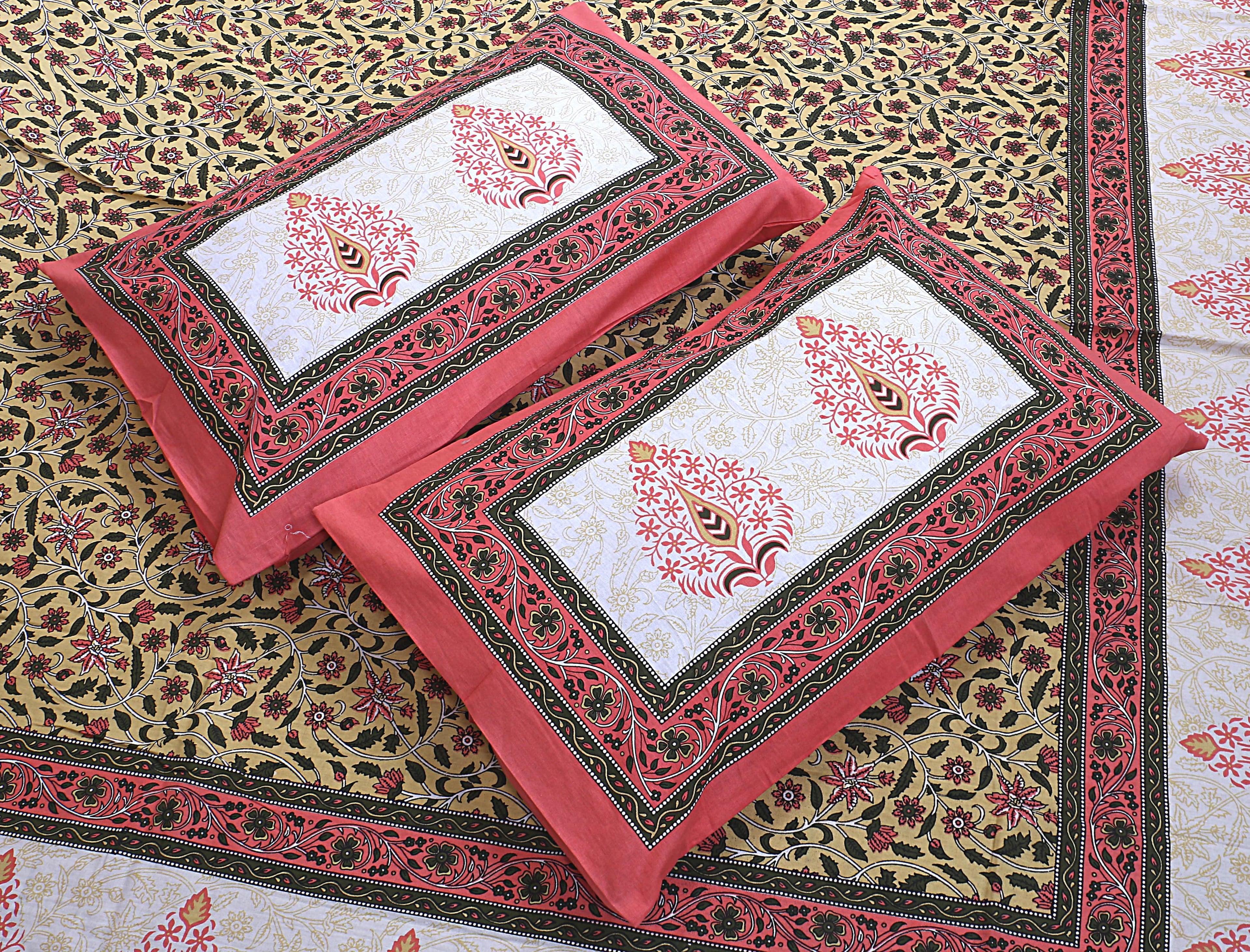 Eco Cotton Double Bedsheet with Mustard Floral Vine Print – 90x100 Inches + 2 Pillow Covers