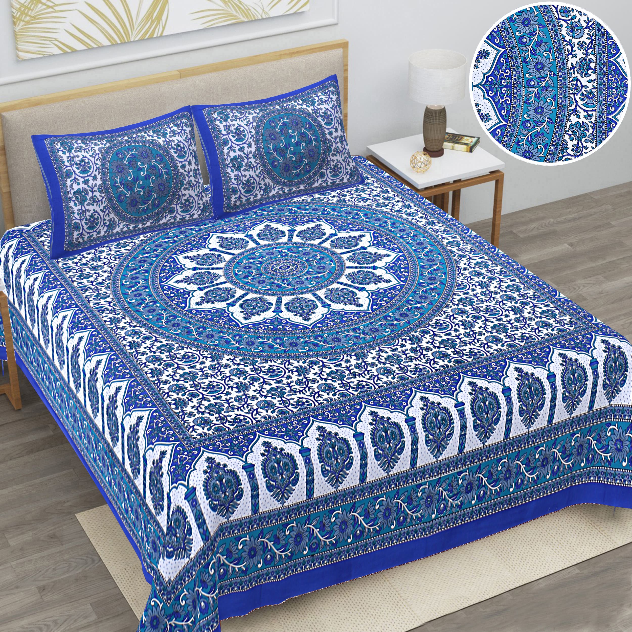 Eco Cotton Double Bedsheet with Mandala Floral Print – 90x100 Inches + 2 Pillow Covers