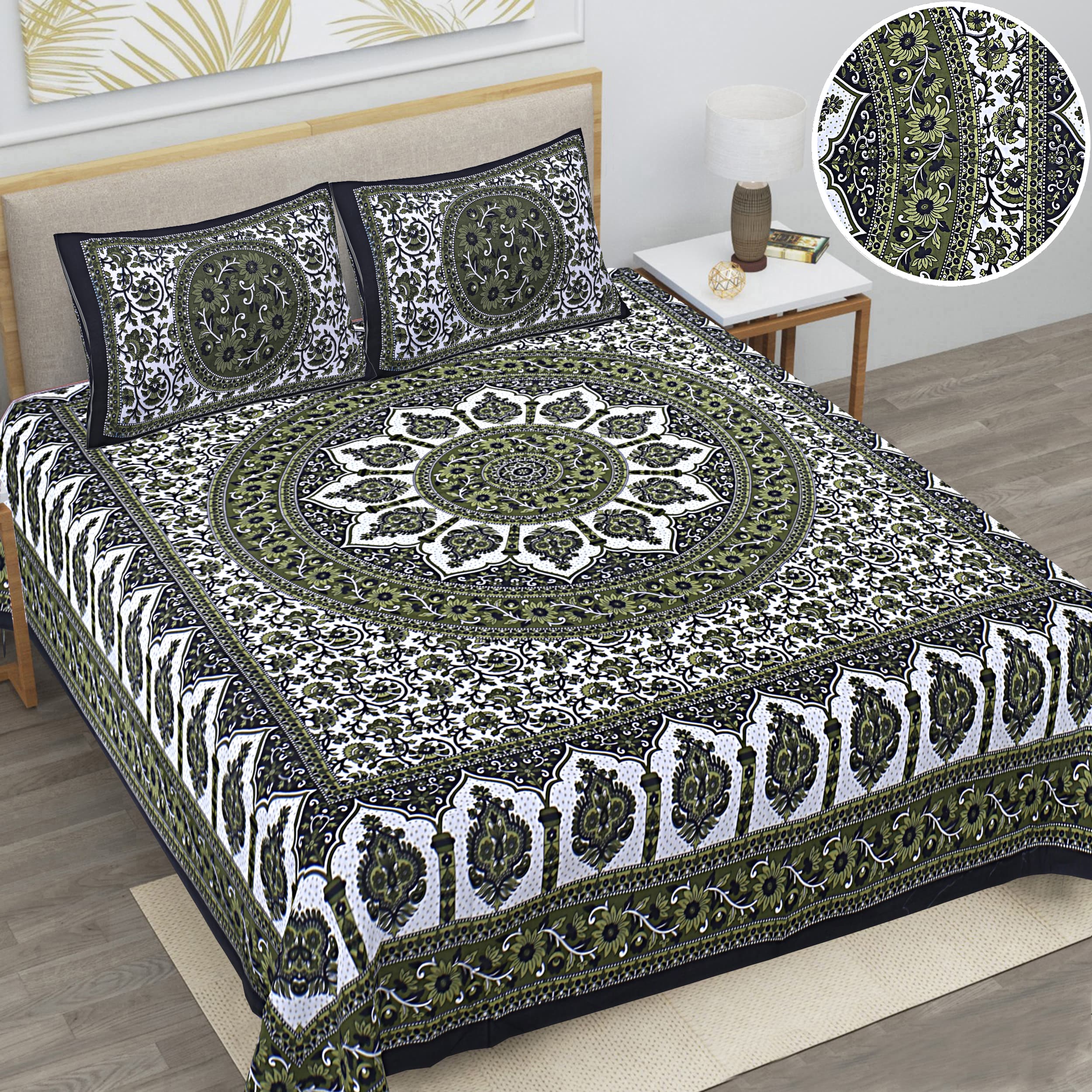 Eco Cotton Double Bedsheet with Mandala Floral Print – 90x100 Inches + 2 Pillow Covers