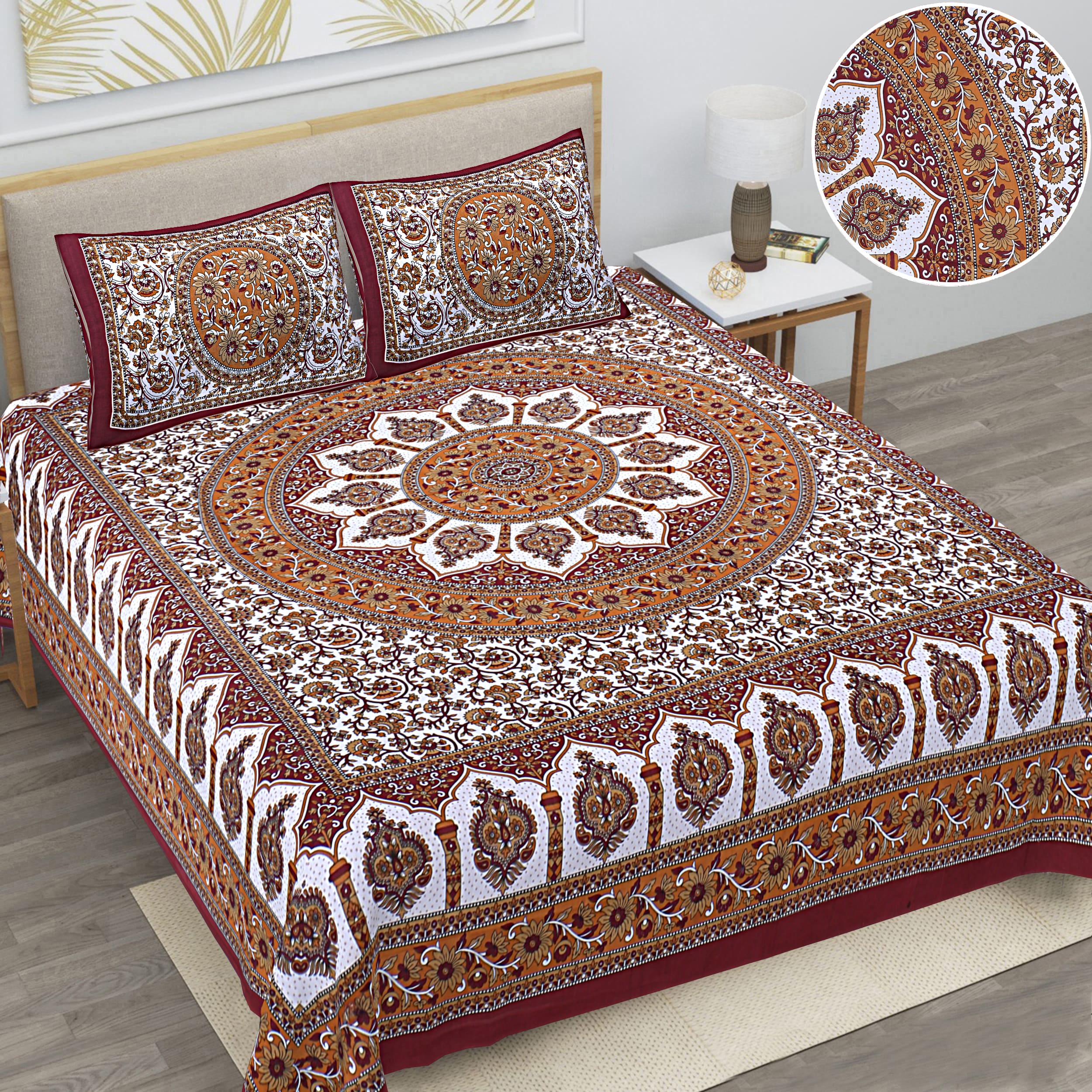 Eco Cotton Double Bedsheet with Mandala Floral Print – 90x100 Inches + 2 Pillow Covers
