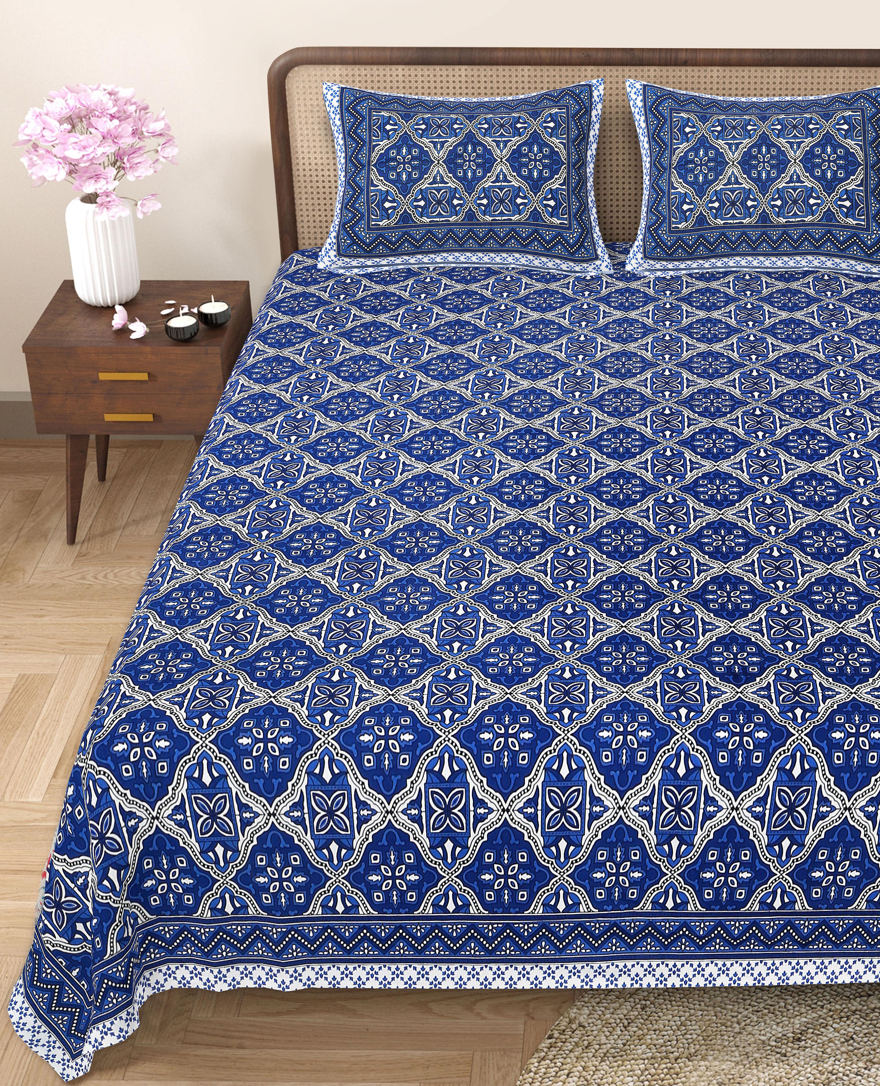 Eco Cotton Double Bedsheet with Geometric Floral Print – 90x100 Inches + 2 Pillow Covers