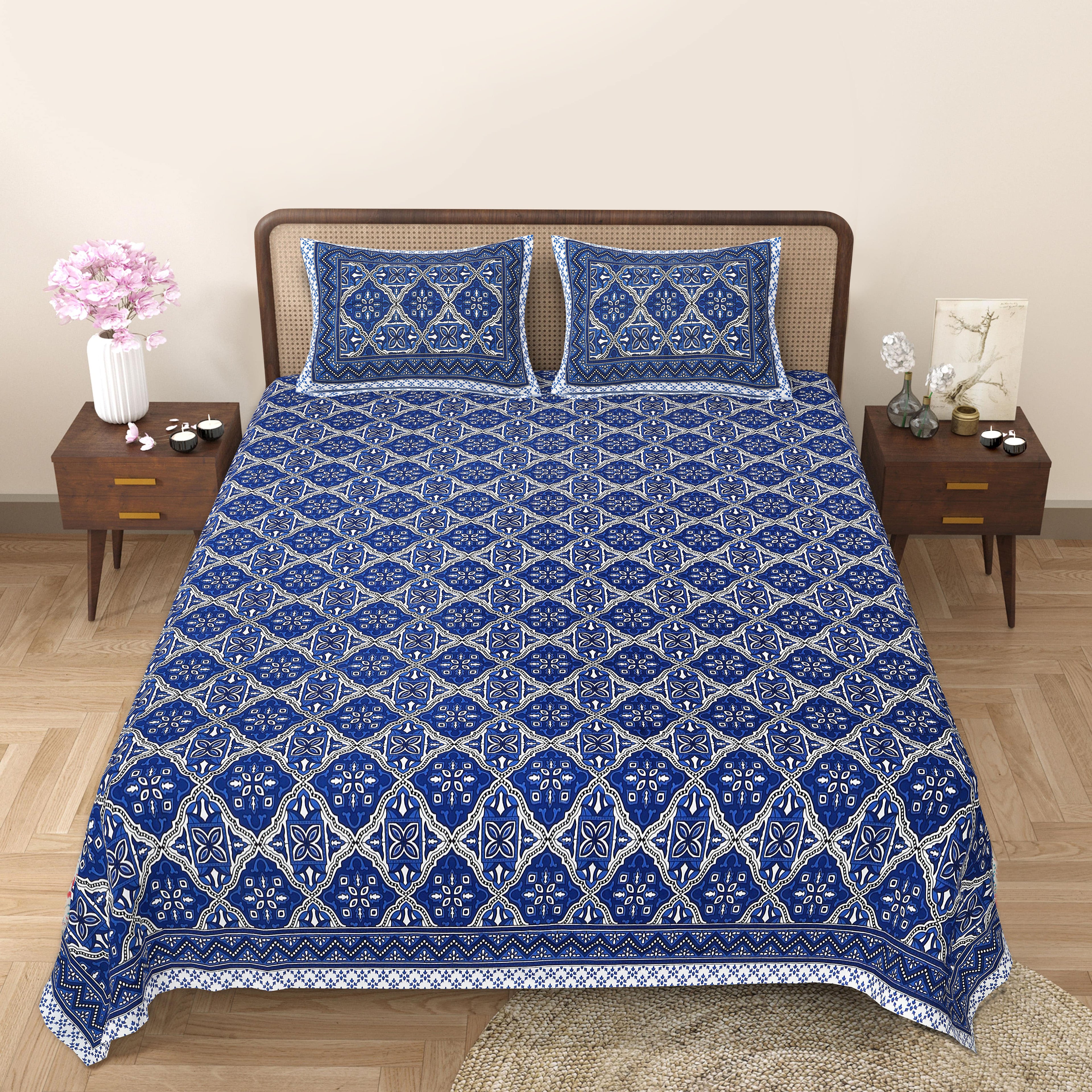 Eco Cotton Double Bedsheet with Geometric Floral Print – 90x100 Inches + 2 Pillow Covers