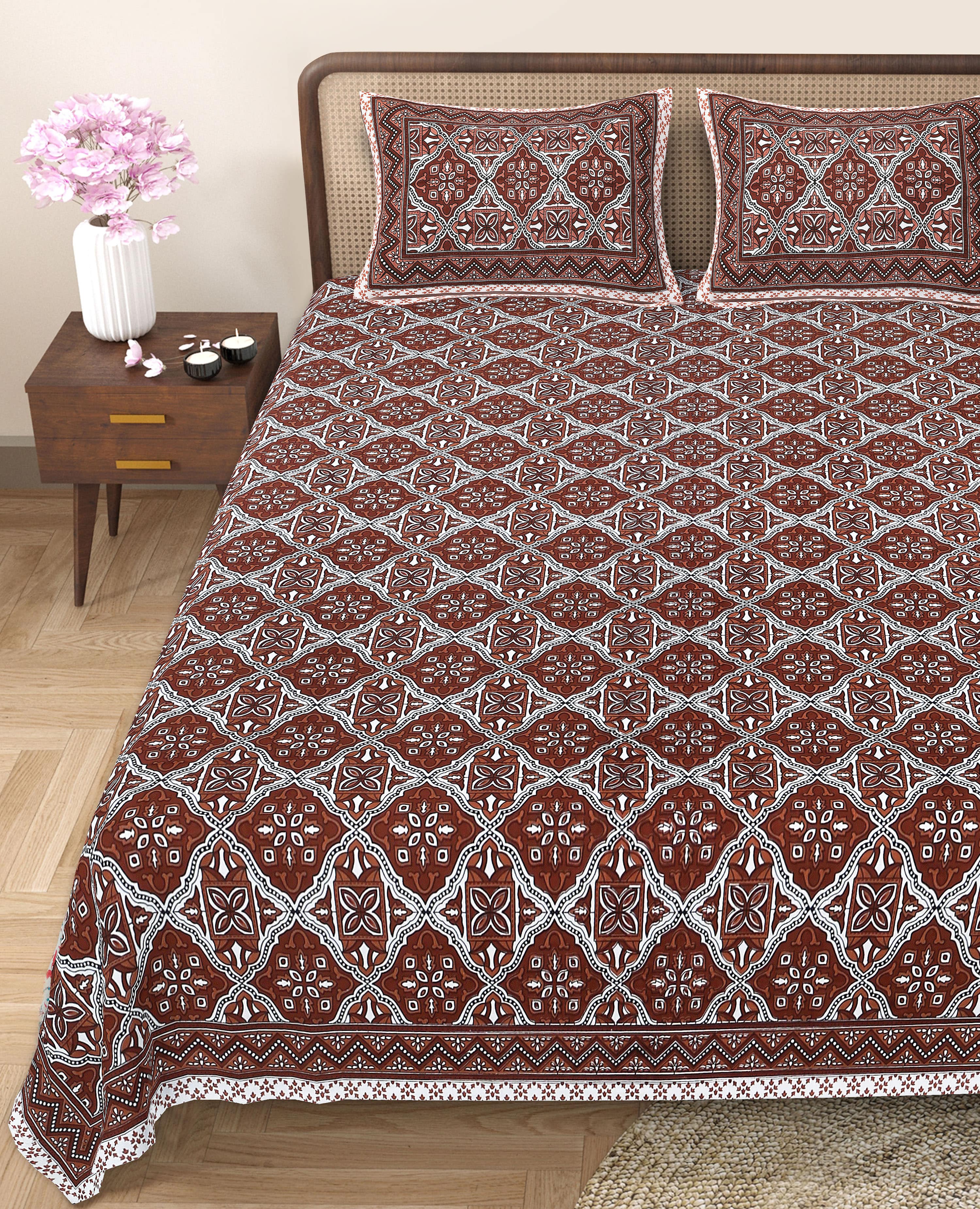 Eco Cotton Double Bedsheet with Geometric Floral Print – 90x100 Inches + 2 Pillow Covers