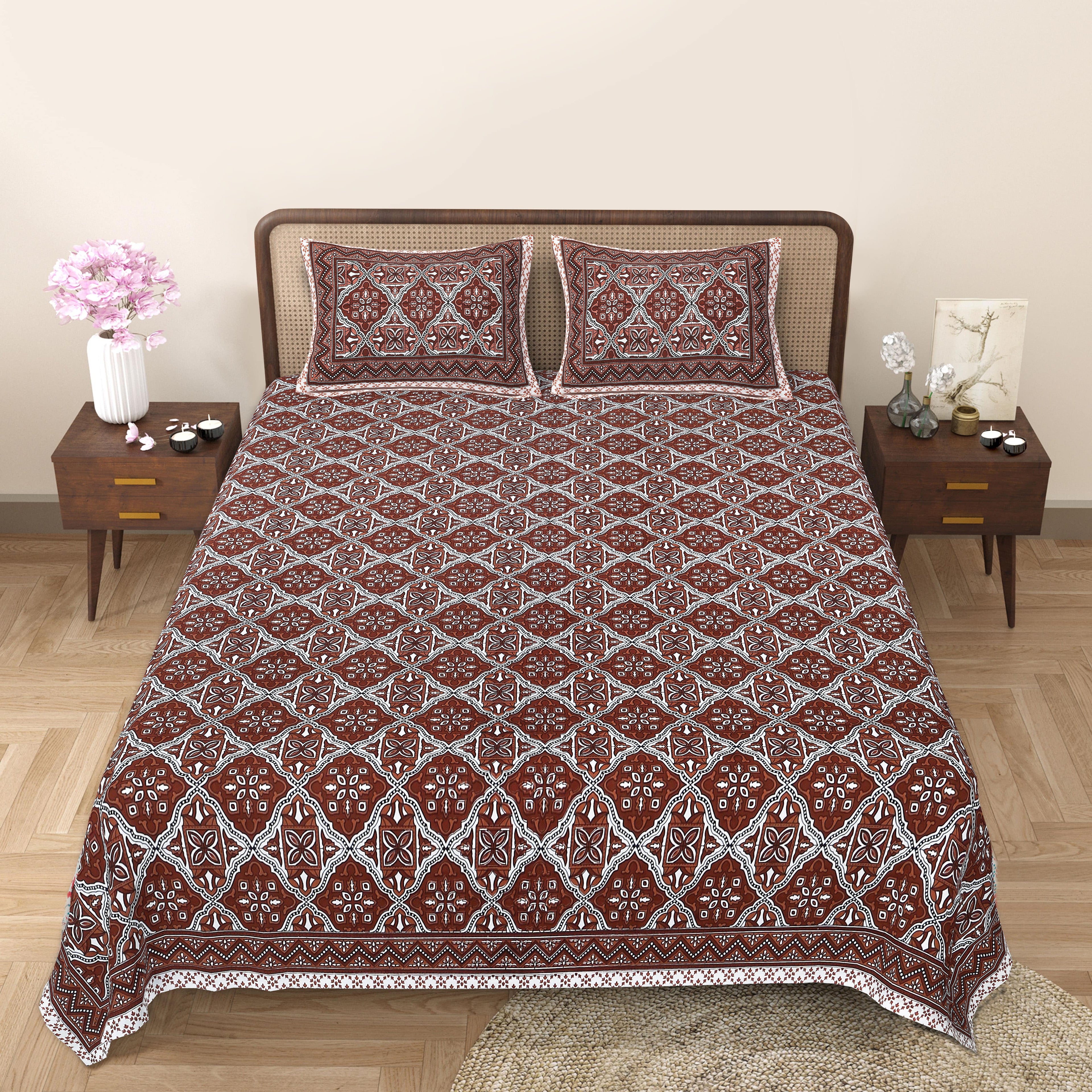 Eco Cotton Double Bedsheet with Geometric Floral Print – 90x100 Inches + 2 Pillow Covers