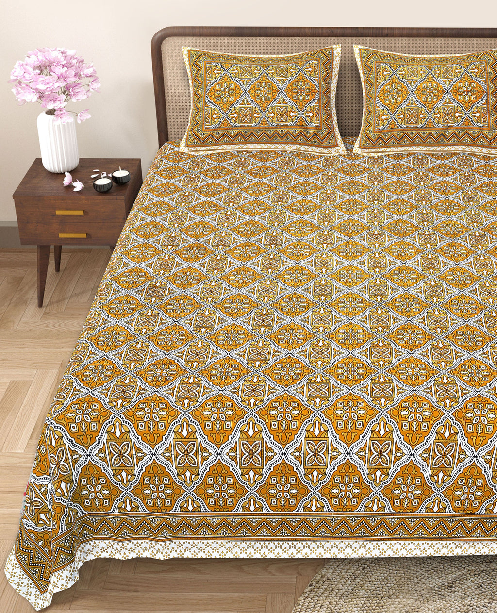 Eco Cotton Double Bedsheet with Geometric Floral Print – 90x100 Inches + 2 Pillow Covers