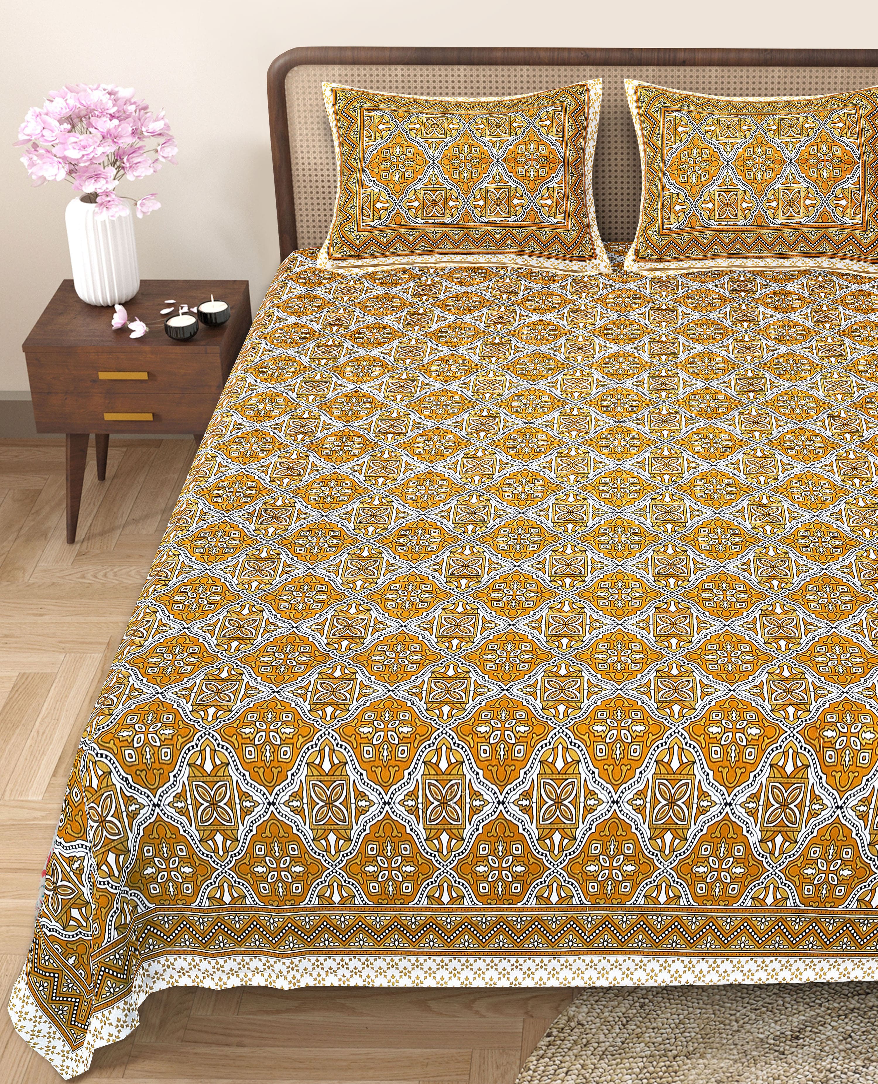 Eco Cotton Double Bedsheet with Geometric Floral Print – 90x100 Inches + 2 Pillow Covers