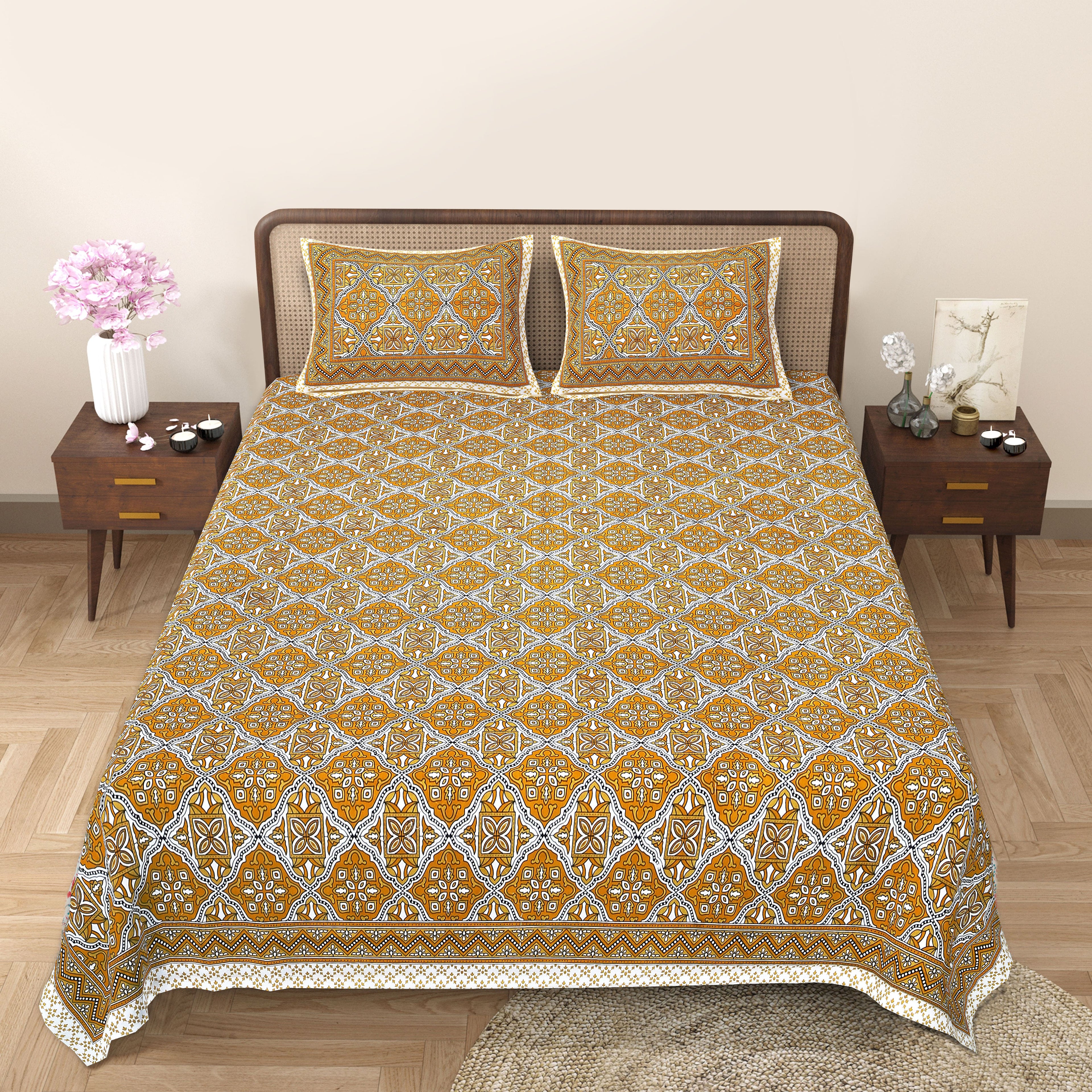 Eco Cotton Double Bedsheet with Geometric Floral Print – 90x100 Inches + 2 Pillow Covers