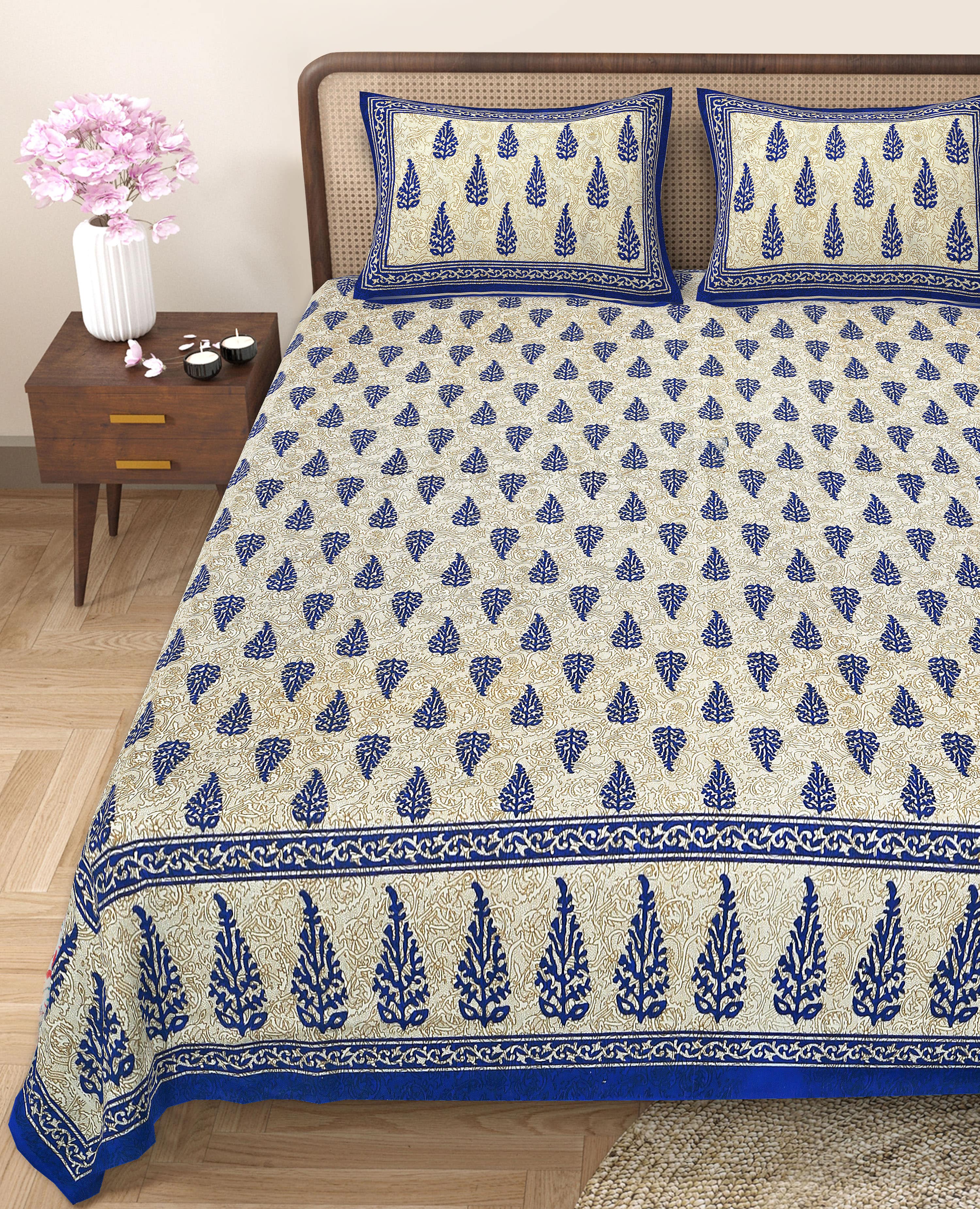 Eco Cotton Double Bedsheet with Elegant Boota Print – 90x100 Inches + 2 Pillow Covers