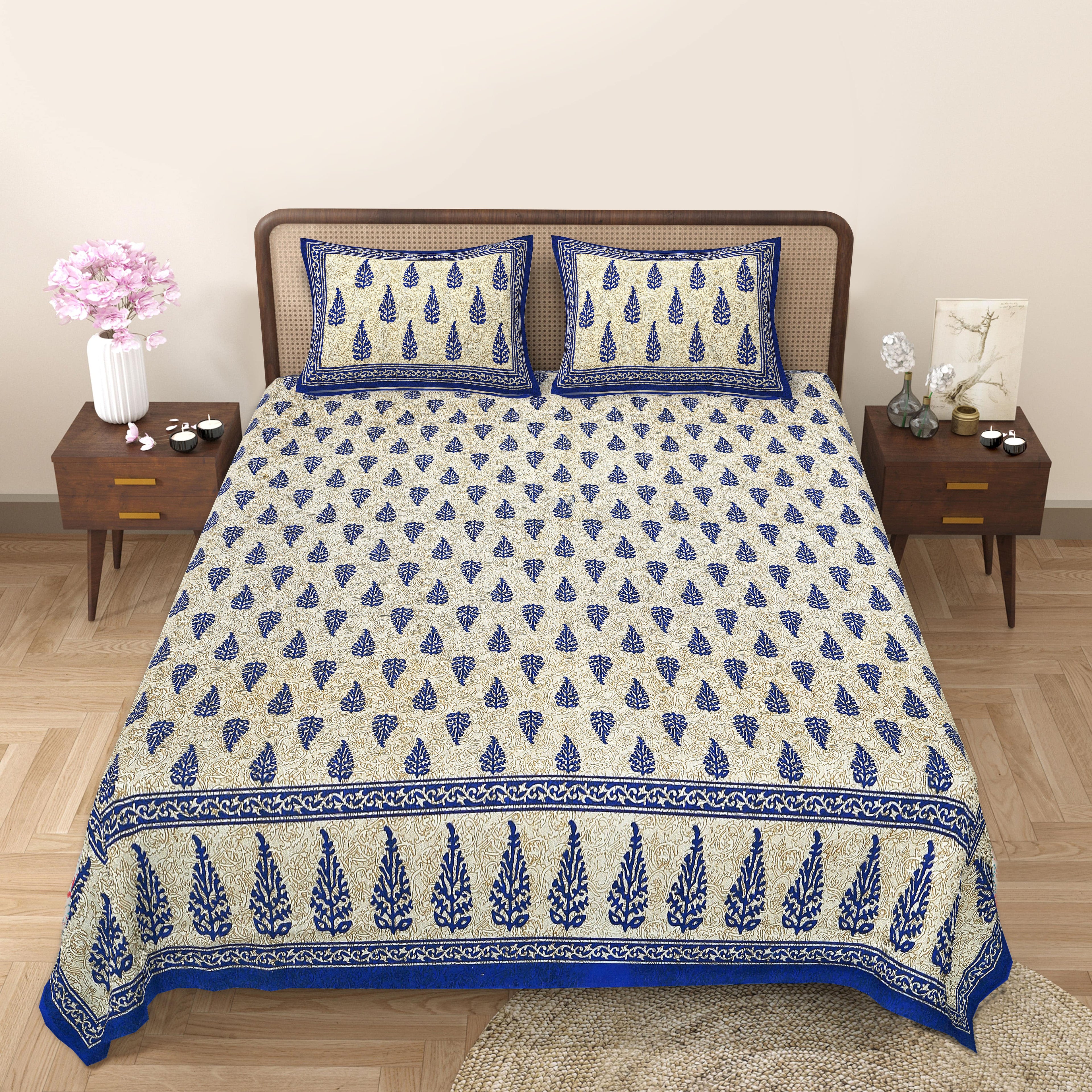 Eco Cotton Double Bedsheet with Elegant Boota Print – 90x100 Inches + 2 Pillow Covers