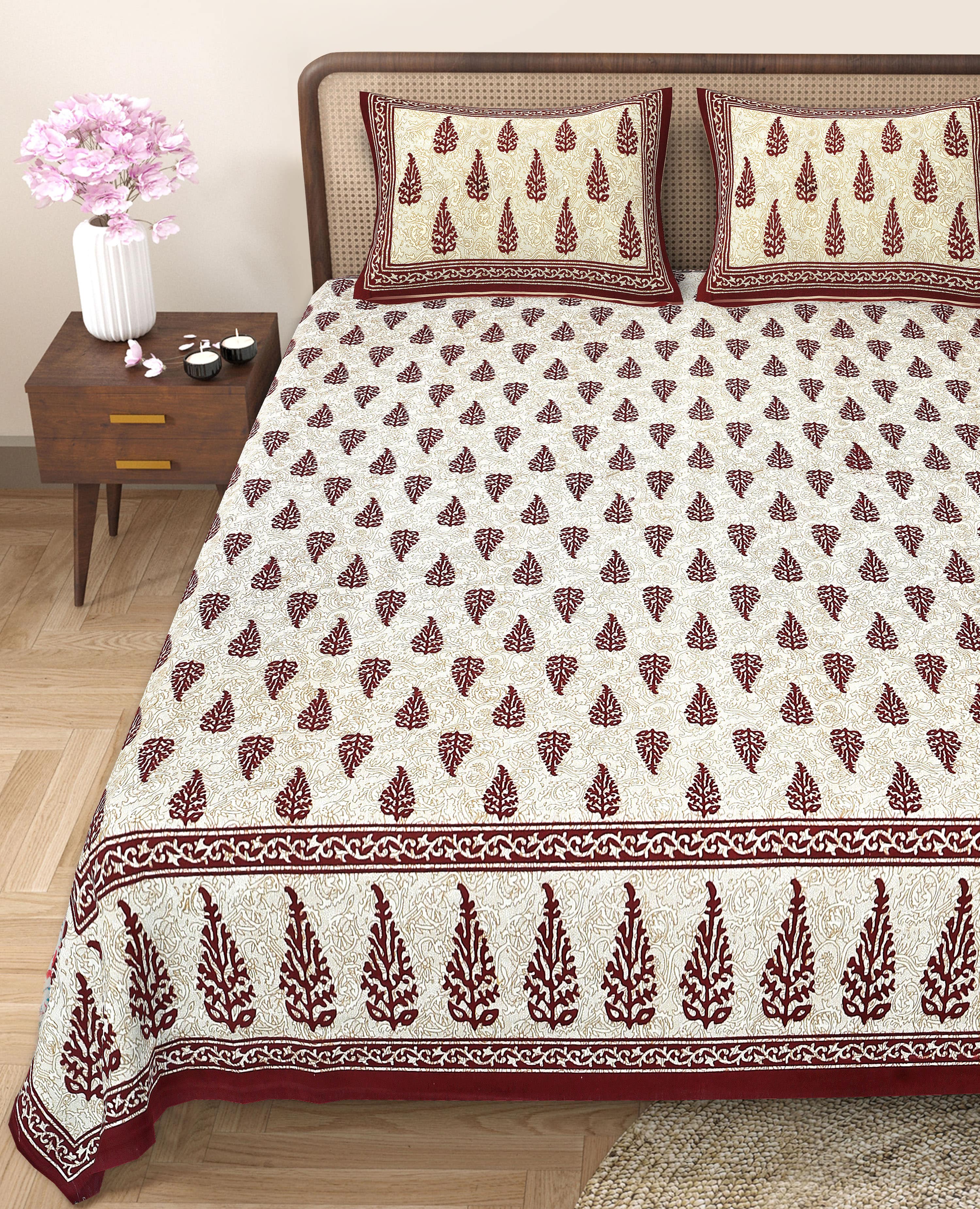 Eco Cotton Double Bedsheet with Elegant Boota Print – 90x100 Inches + 2 Pillow Covers