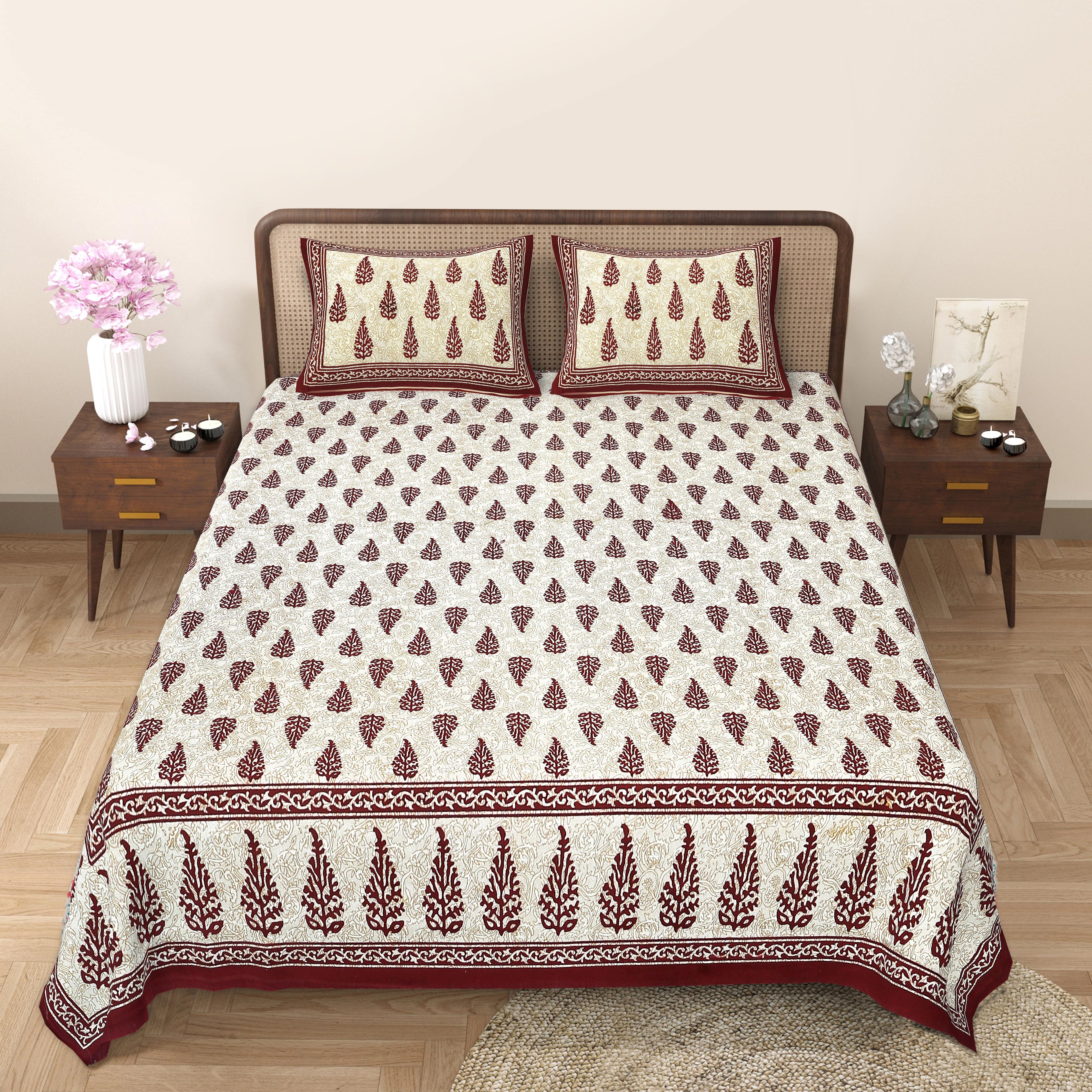Eco Cotton Double Bedsheet with Elegant Boota Print – 90x100 Inches + 2 Pillow Covers