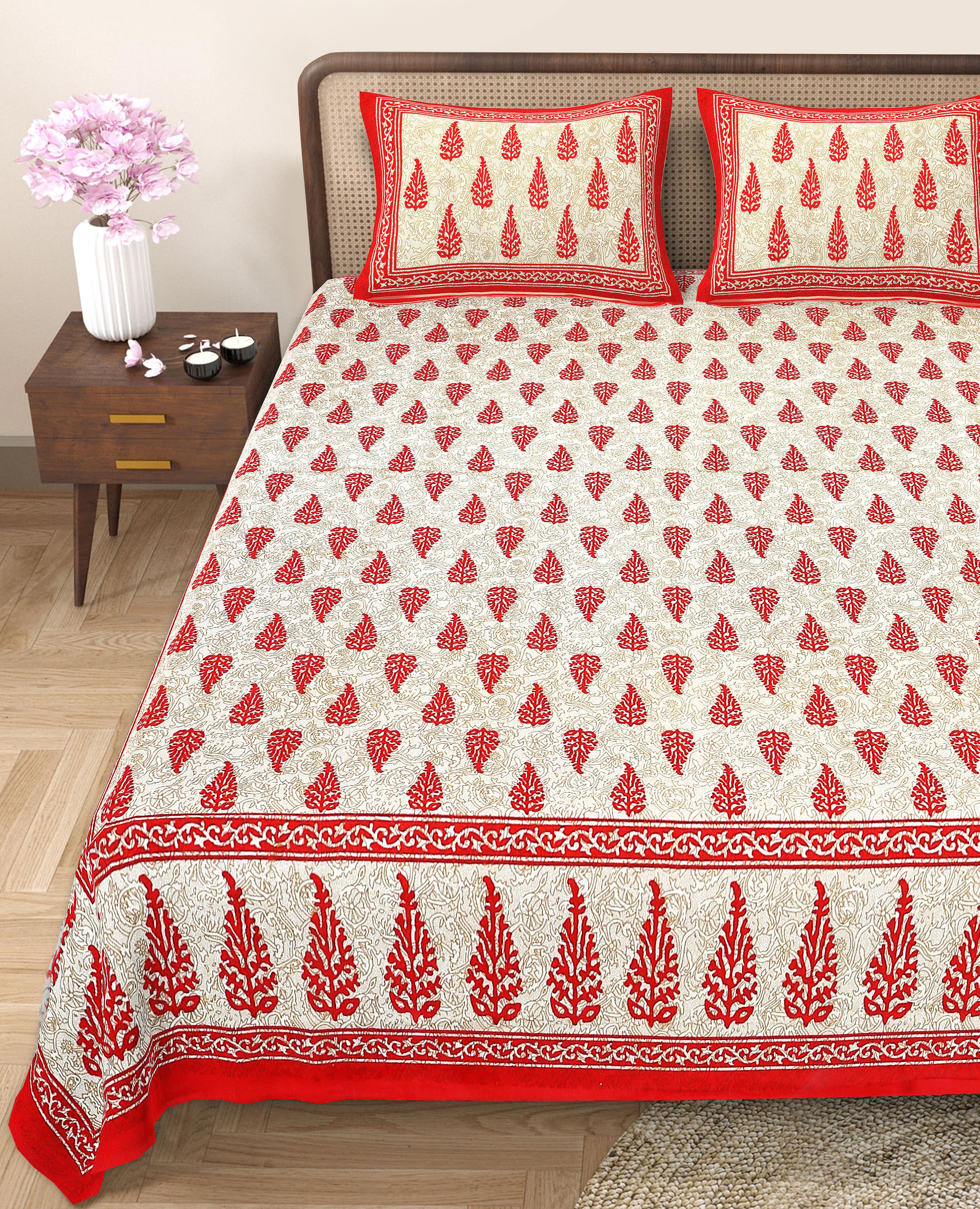 Eco Cotton Double Bedsheet with Elegant Boota Print – 90x100 Inches + 2 Pillow Covers