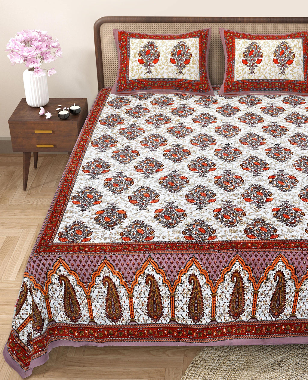 Eco Cotton Double Bedsheet with Traditional Jaal Print – 90x100 Inches + 2 Pillow Covers