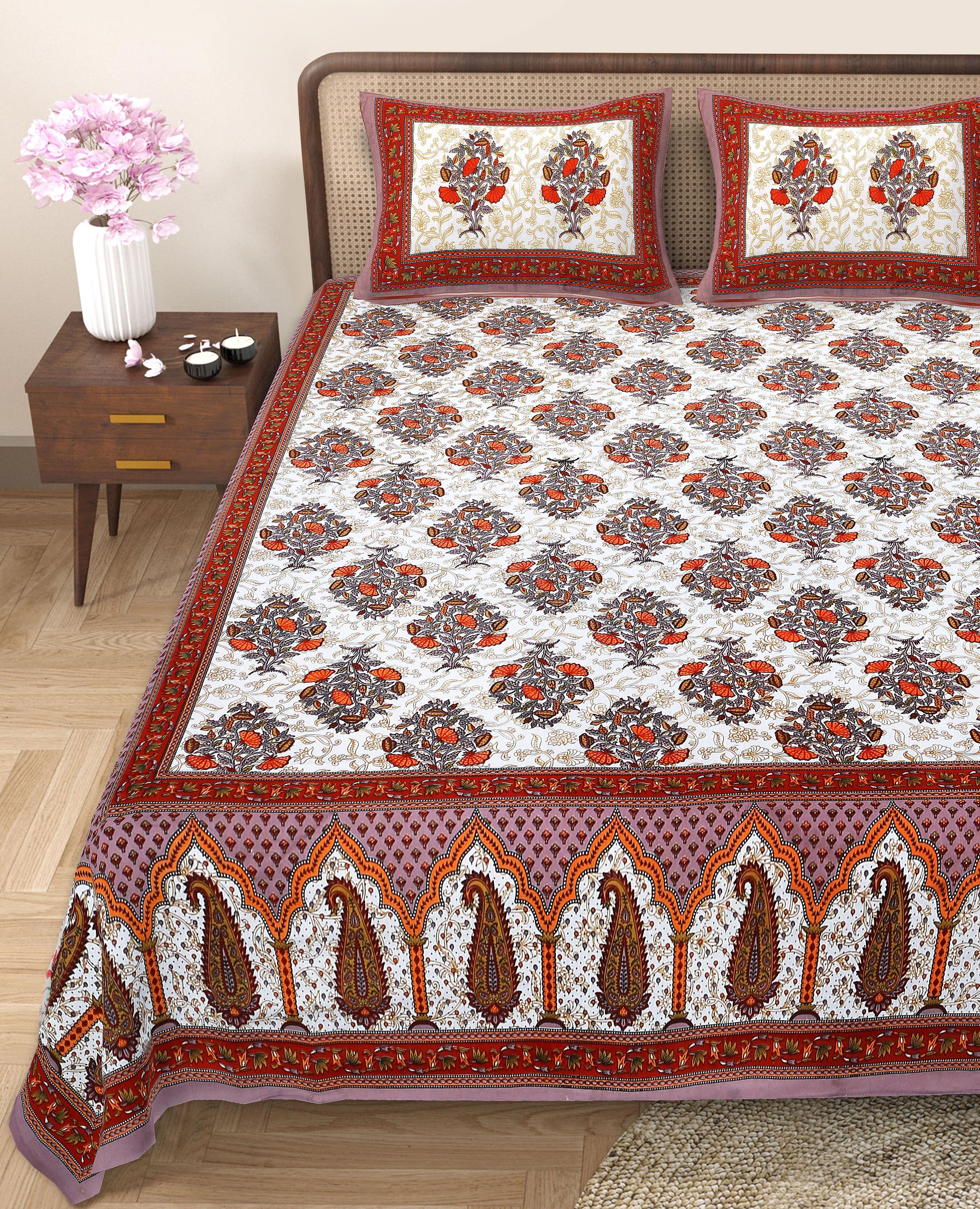 Eco Cotton Double Bedsheet with Traditional Jaal Print – 90x100 Inches + 2 Pillow Covers