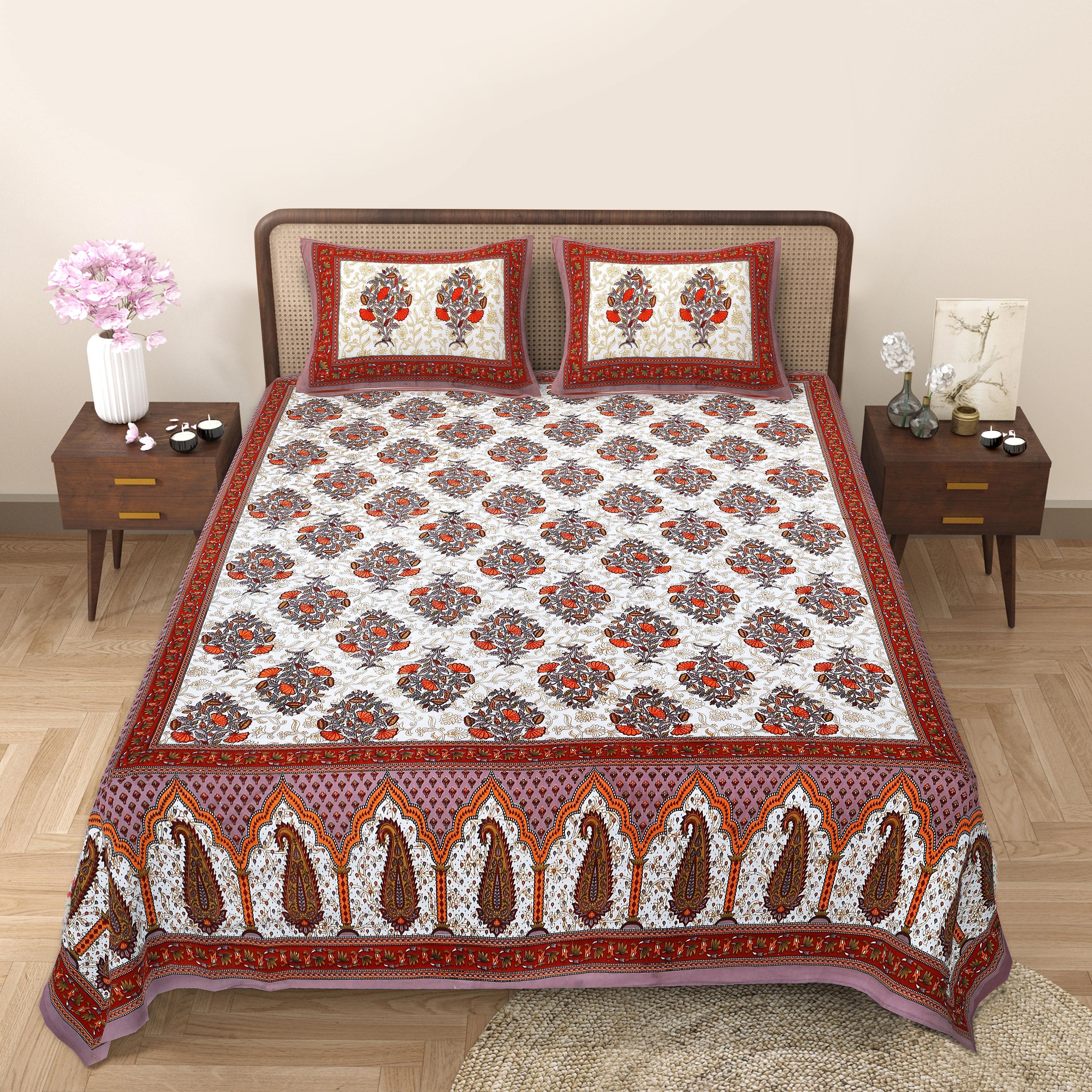 Eco Cotton Double Bedsheet with Traditional Jaal Print – 90x100 Inches + 2 Pillow Covers