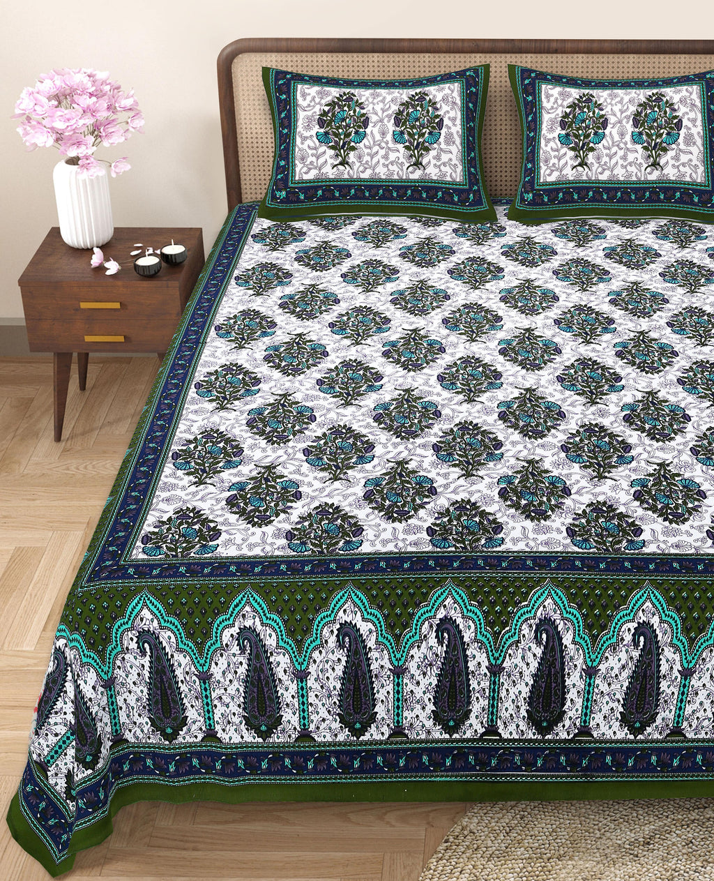 Eco Cotton Double Bedsheet with Traditional Jaal Print – 90x100 Inches + 2 Pillow Covers