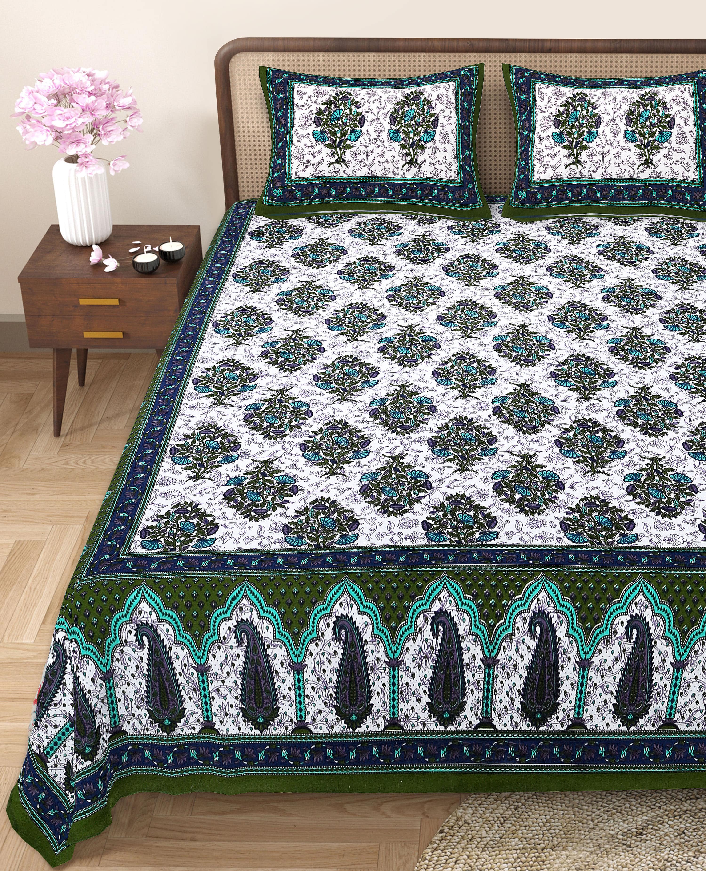 Eco Cotton Double Bedsheet with Traditional Jaal Print – 90x100 Inches + 2 Pillow Covers
