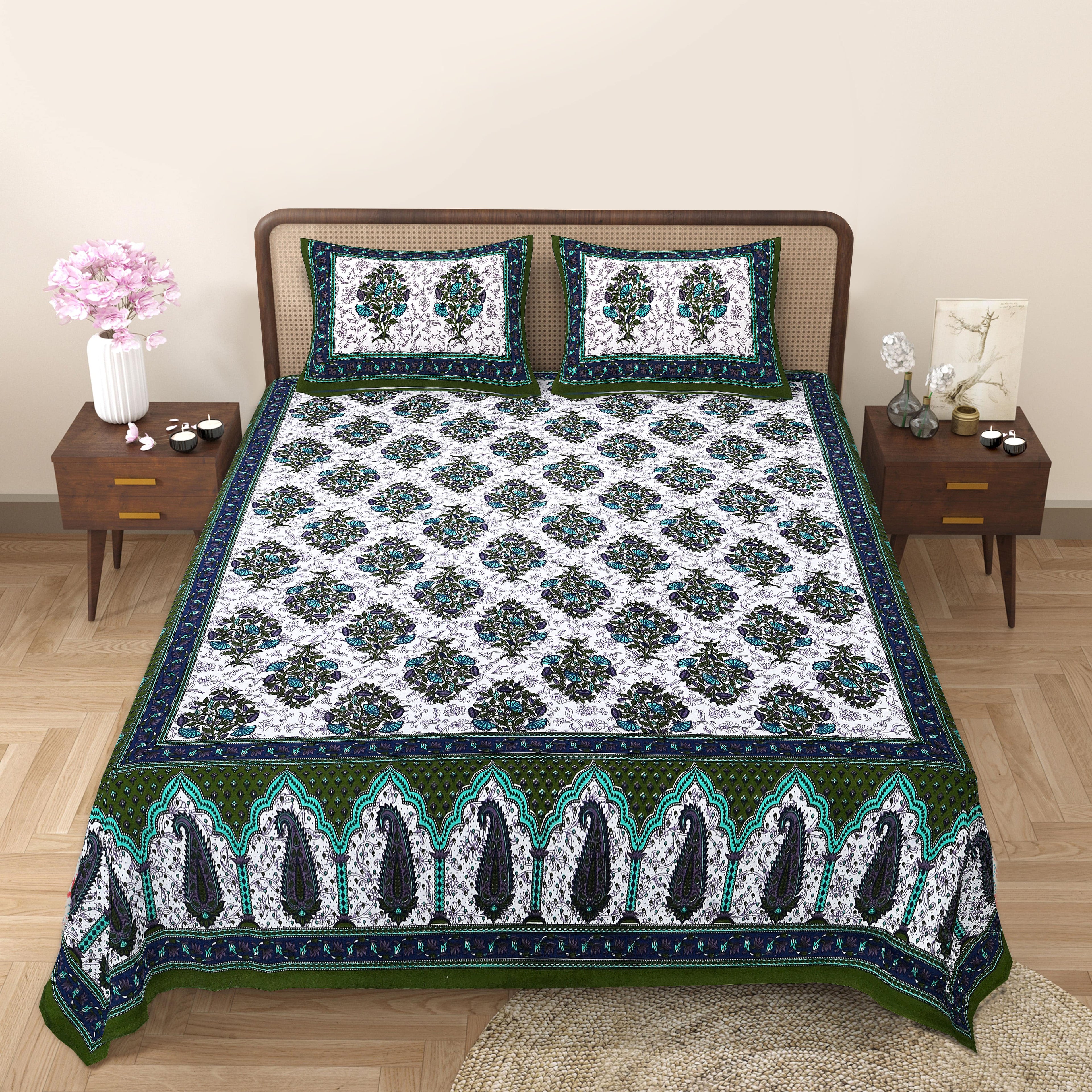 Eco Cotton Double Bedsheet with Traditional Jaal Print – 90x100 Inches + 2 Pillow Covers