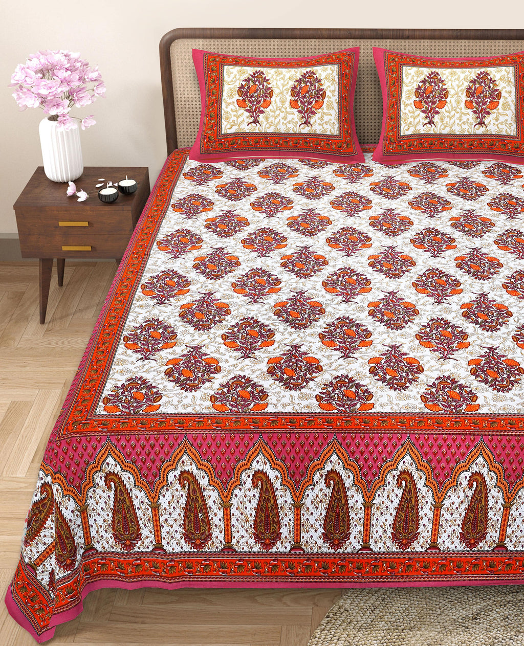 Eco Cotton Double Bedsheet with Traditional Jaal Print – 90x100 Inches + 2 Pillow Covers