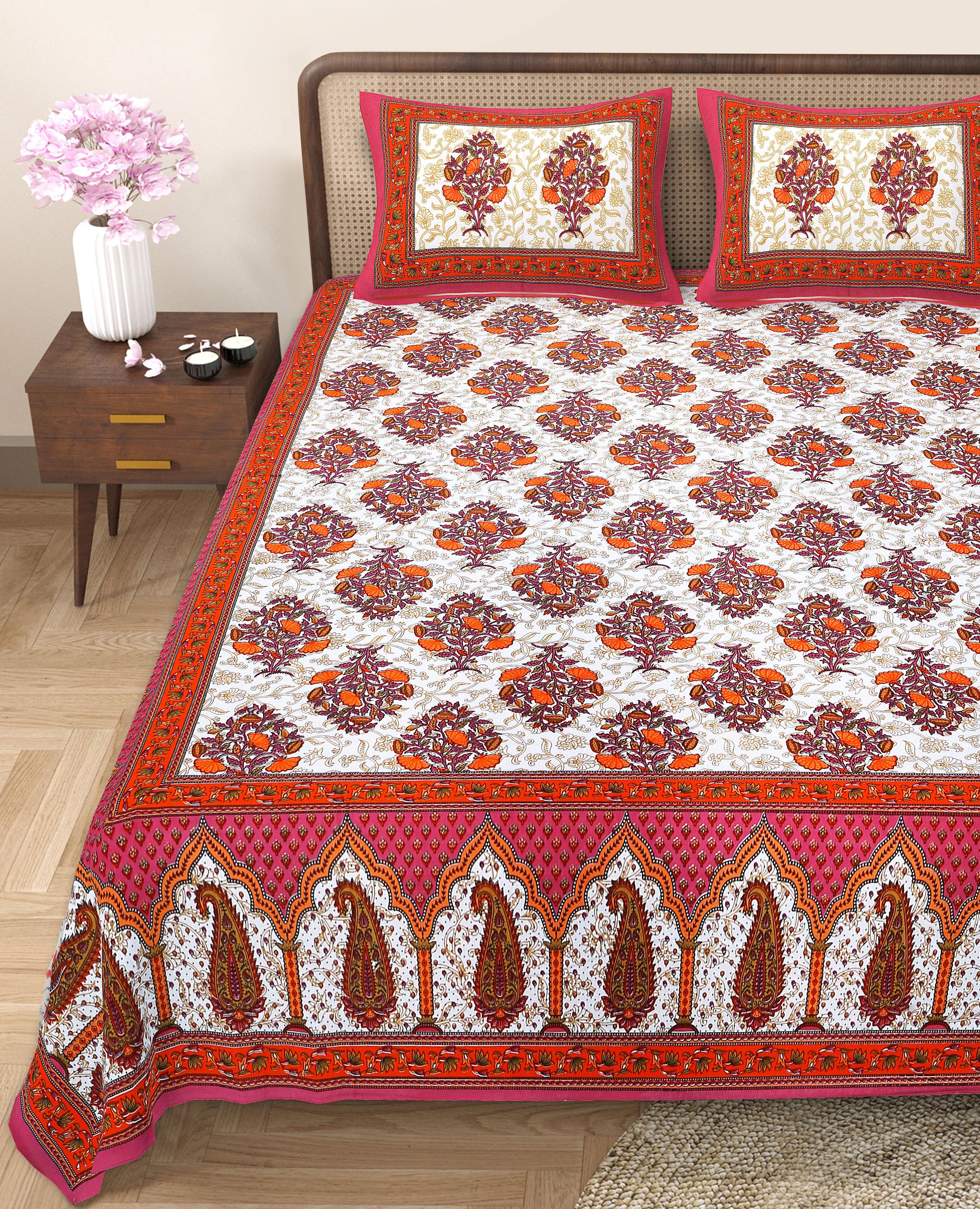 Eco Cotton Double Bedsheet with Traditional Jaal Print – 90x100 Inches + 2 Pillow Covers