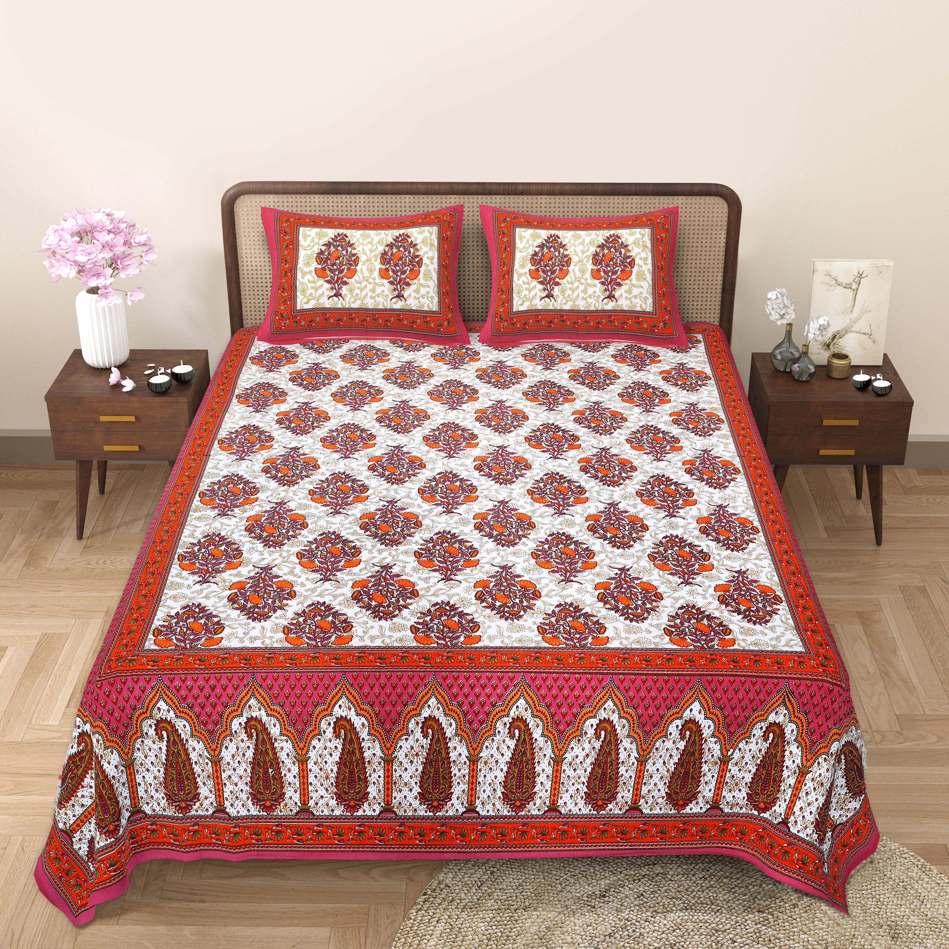 Eco Cotton Double Bedsheet with Traditional Jaal Print – 90x100 Inches + 2 Pillow Covers