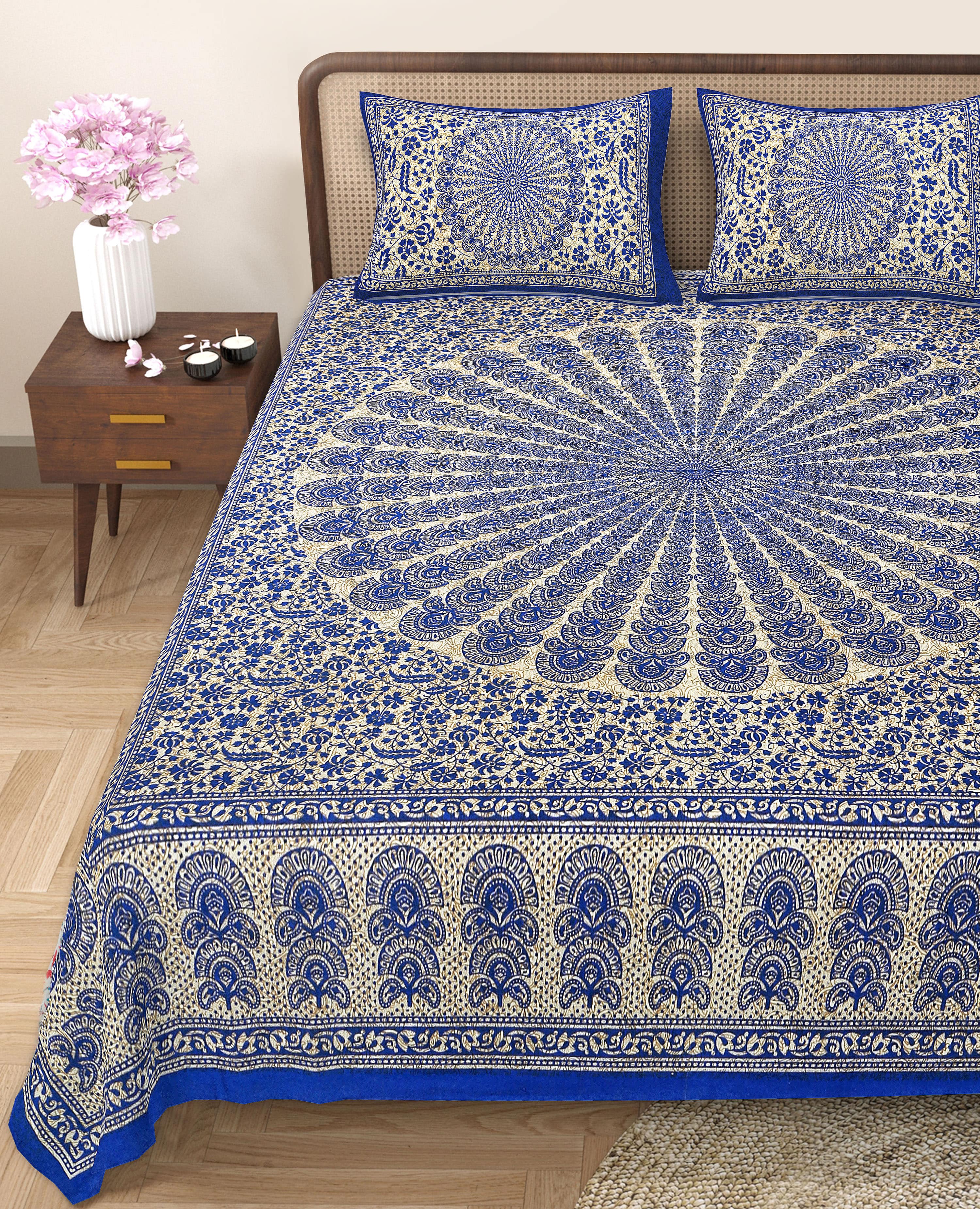 Eco Cotton Double Bedsheet with Peacock Mandala Print – 90x100 Inches + 2 Pillow Covers