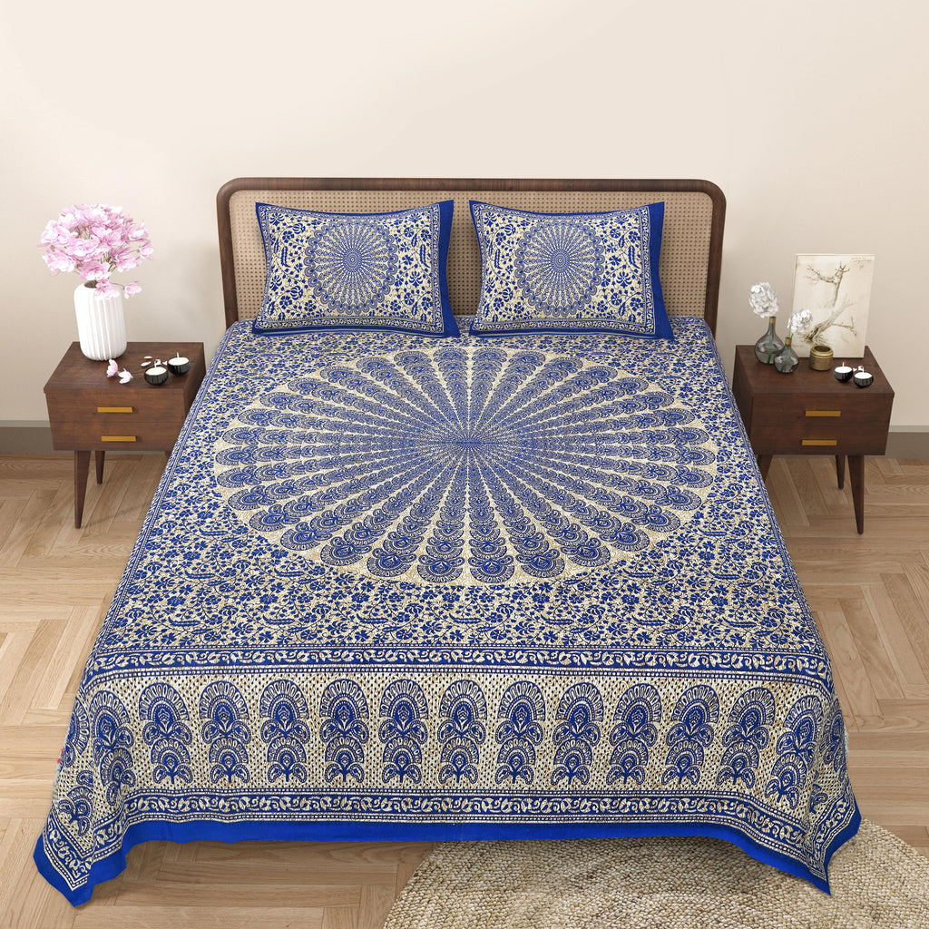 Eco Cotton Double Bedsheet with Peacock Mandala Print – 90x100 Inches + 2 Pillow Covers