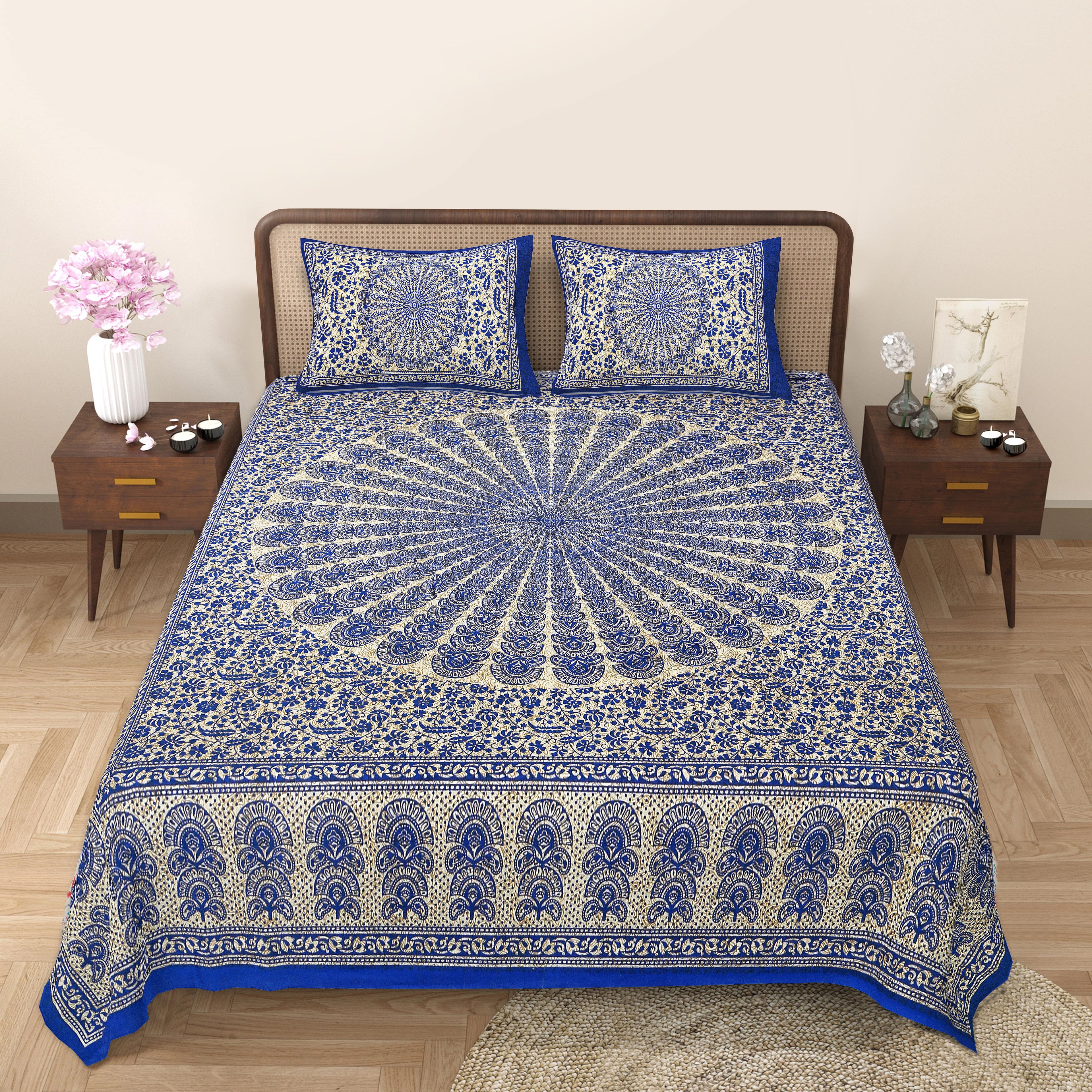Eco Cotton Double Bedsheet with Peacock Mandala Print – 90x100 Inches + 2 Pillow Covers