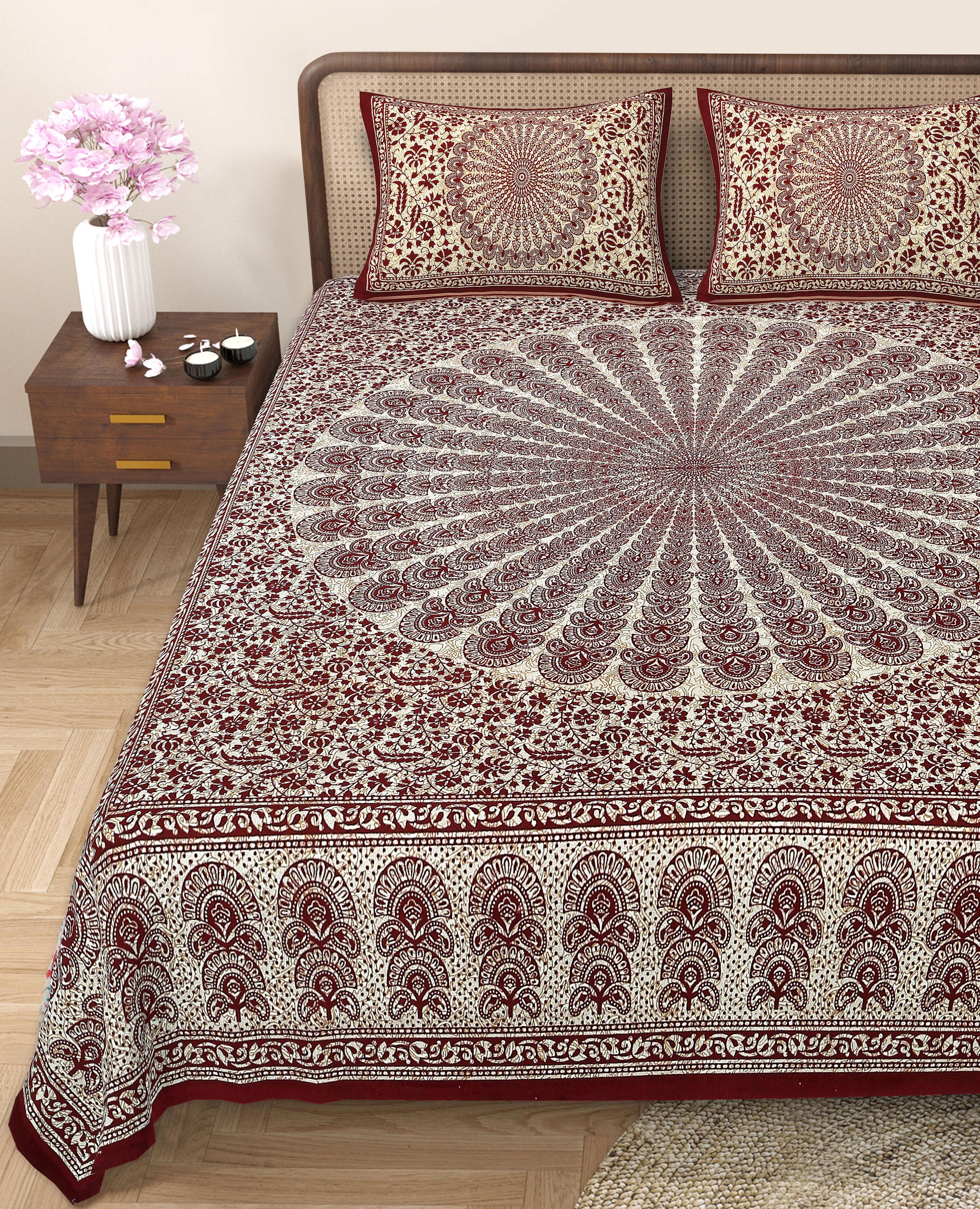 Eco Cotton Double Bedsheet with Peacock Mandala Print – 90x100 Inches + 2 Pillow Covers