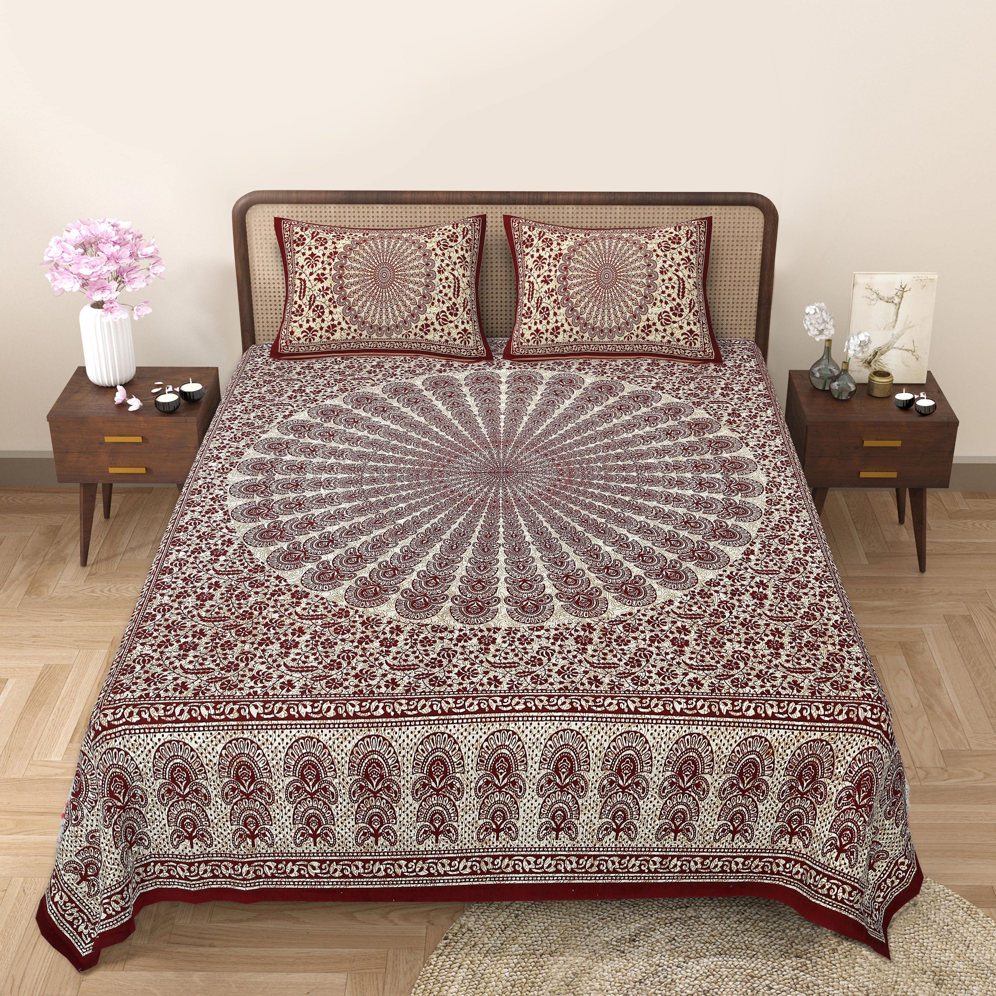 Eco Cotton Double Bedsheet with Peacock Mandala Print – 90x100 Inches + 2 Pillow Covers