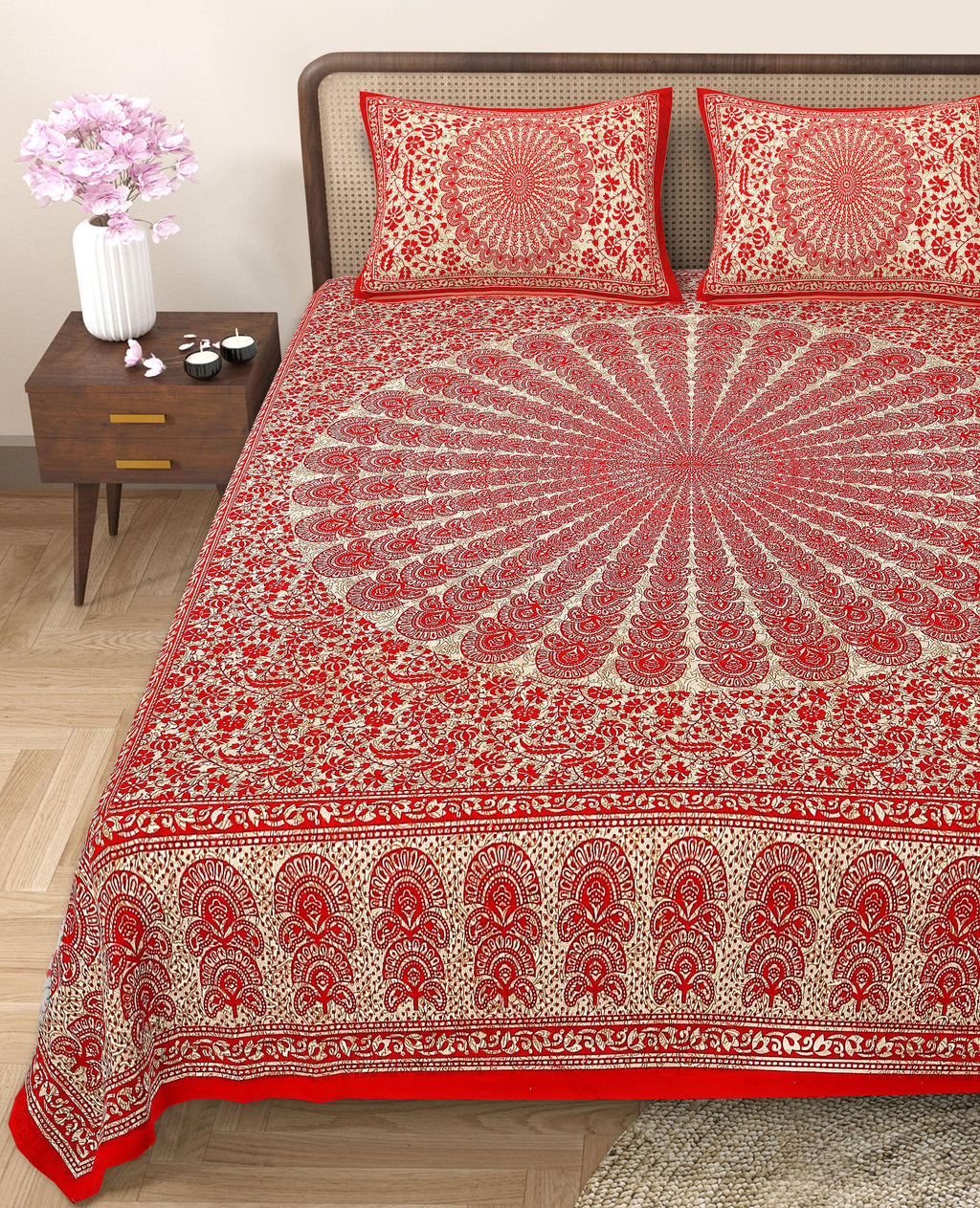 Eco Cotton Double Bedsheet with Peacock Mandala Print – 90x100 Inches + 2 Pillow Covers