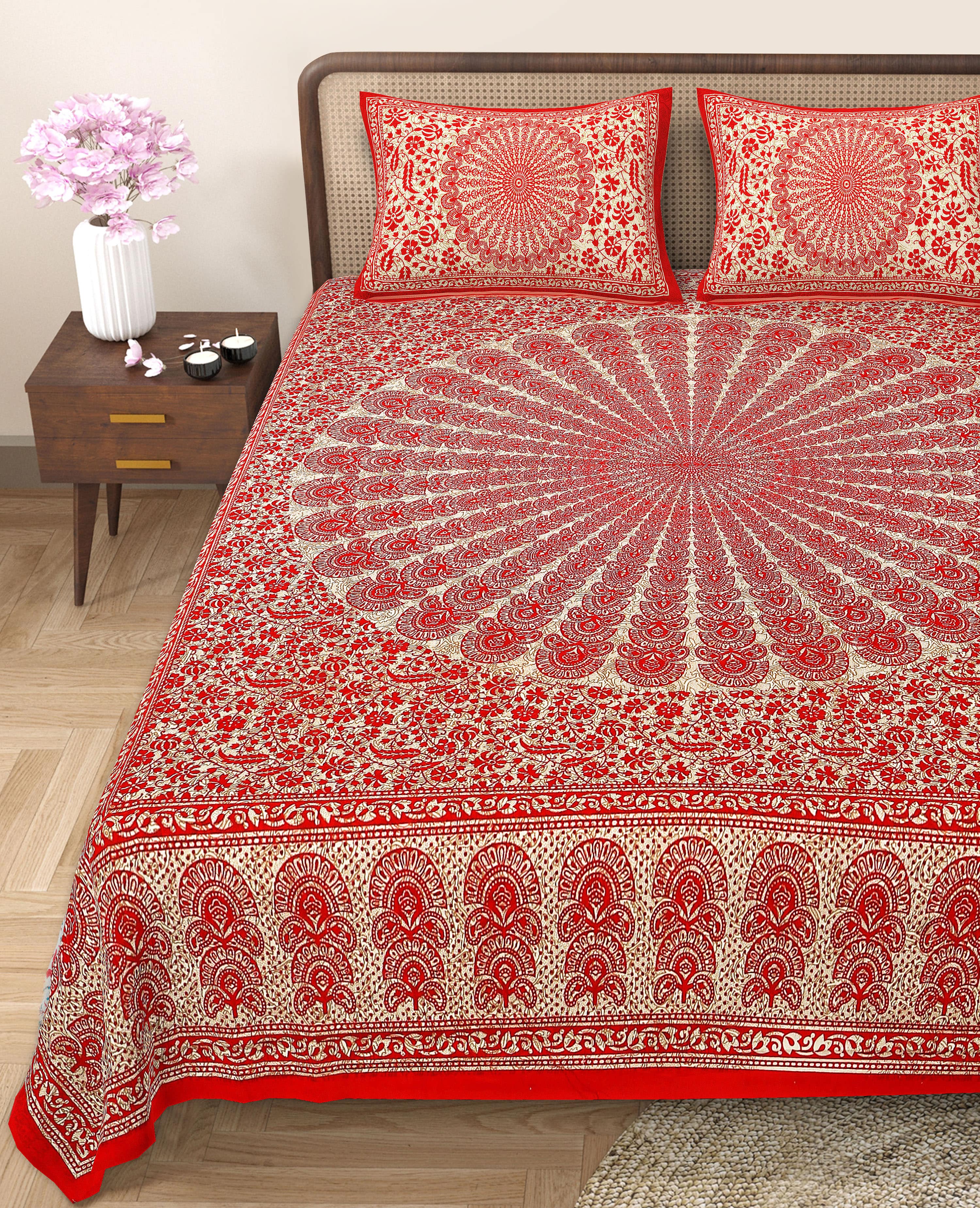 Eco Cotton Double Bedsheet with Peacock Mandala Print – 90x100 Inches + 2 Pillow Covers