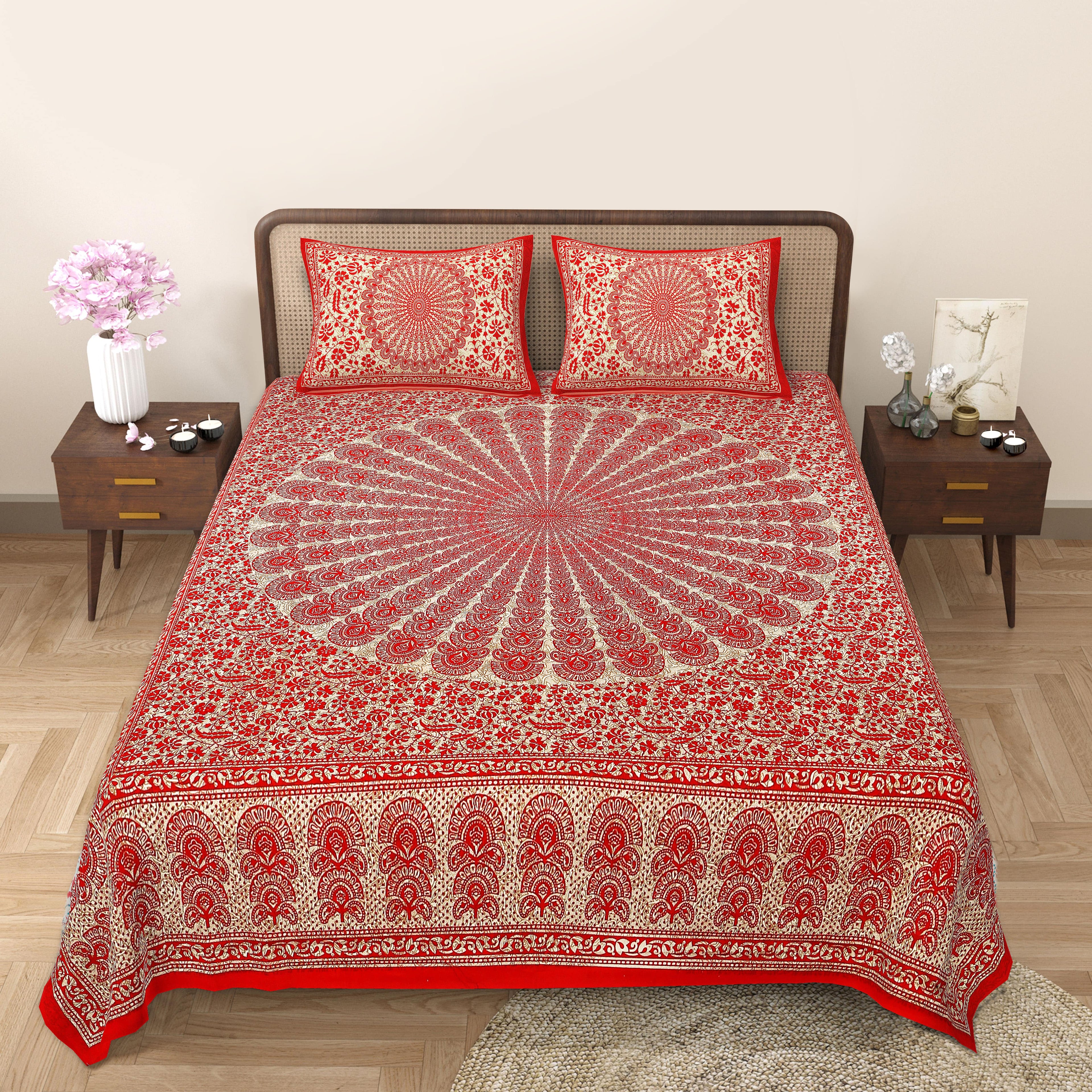 Eco Cotton Double Bedsheet with Peacock Mandala Print – 90x100 Inches + 2 Pillow Covers