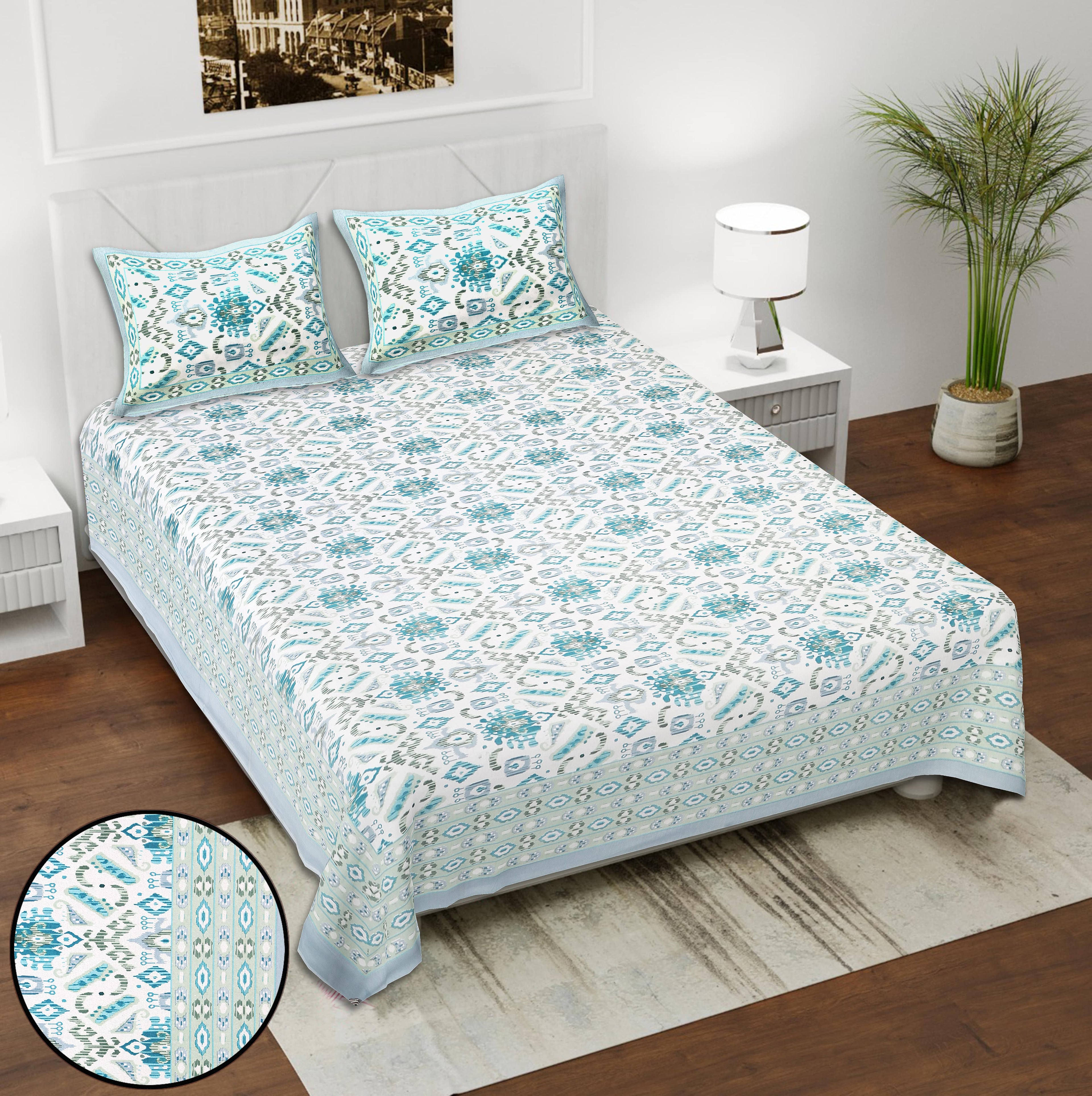 Eklavya Ikat Collection 95x108 Double Bedsheet with Geometric Ikat Patterns & Matching Pillow Covers
