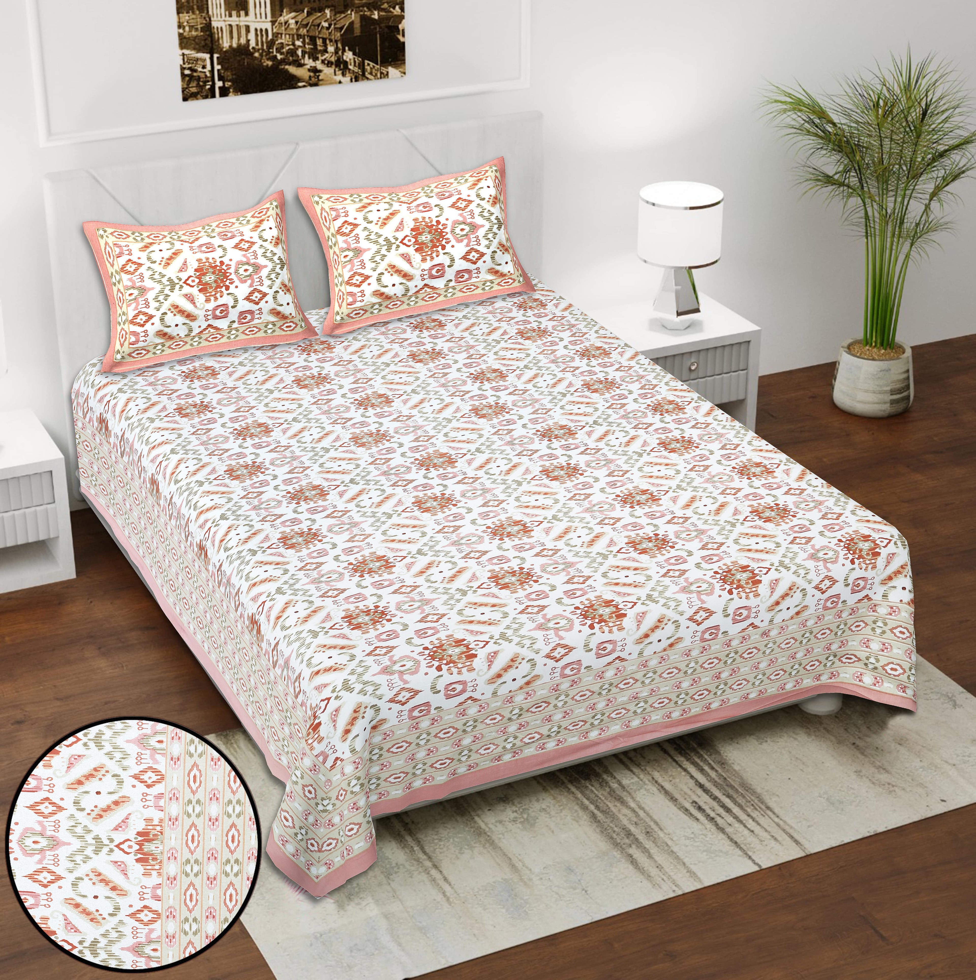 Eklavya Ikat Collection 95x108 Double Bedsheet with Geometric Ikat Patterns & Matching Pillow Covers